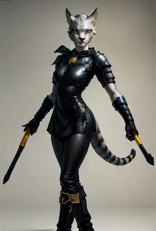 no background, background clean, standing character full body ((solo)), khajiit female beautiful adult, ears lynx, tail panther, perfect slim body,  beautiful cute face, pretty detail eyes, yellow colored eyes, beautiful detailed lips, extremely detailed eyes and face, black boots, black pants, black gloves, black armor