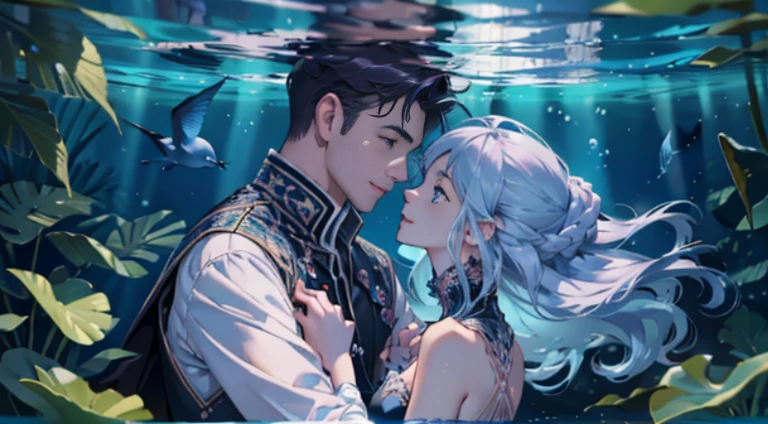 Vast Photos，（look from down，under the water），[(a man and a girl)+(the kiss)]，underwater, foam，（Warm light source：1.2），Lots of purple and blue，Plenty of detail，plethora of colors，Fluttering hair，romantic, Holding hands，In the water，bust shot，Ultra-high sharpness，floating,