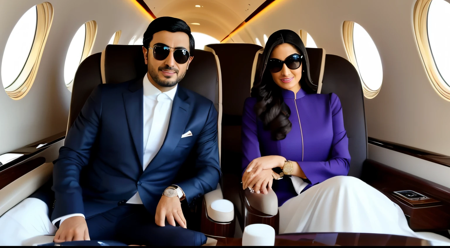 very real photo of sheikh manzour bin zayed al-nahayan is sitting on a very elegant throne with two beautiful women in a private jet, the sheikh wears dark glasses