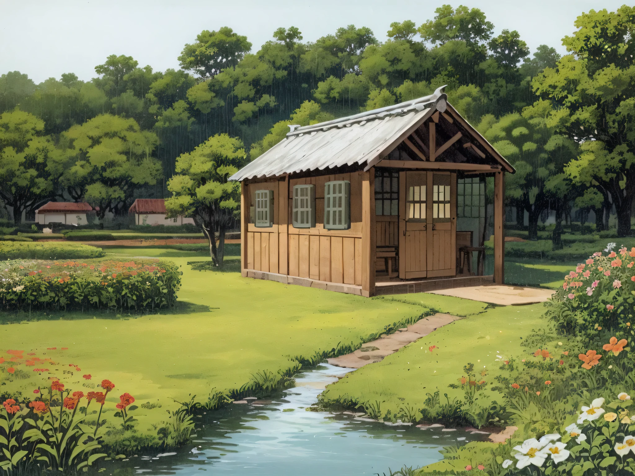 There is a small hut in the middle of a field of flowers, Cottagecore!!, Cottagecore, Cabana na Mata, Casa de campo na floresta, Casa de campo na floresta, A pequena casa na floresta, solitary cottage in the woods, uma cabana de tijolos na floresta, casas de madeira, casa de campo de madeira, Dia da chuva