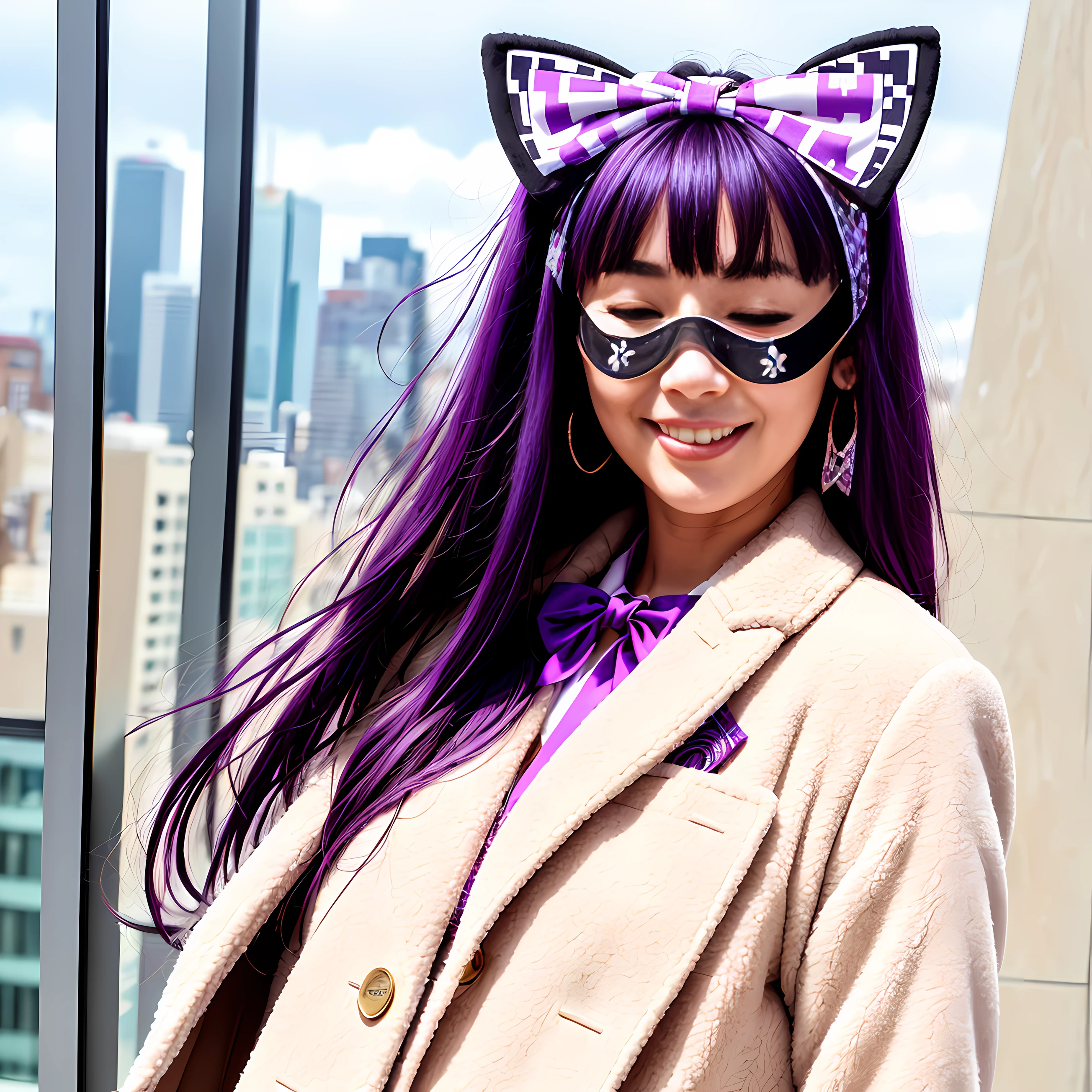 ((custom-eye-mask)), ((patterned mask)), ((patterned eye mask)), string hair ribbon, purple hair, ((realistic)), ((photorealisim)), ((photorealistic)), (()), ((real life)), 1girl, solo, closed eyes, black hair, multicolored hair, blush, fur trim, fur-trimmed coat, smile, coat, purple hair, long hair, ((eye mask)), bangs, closed mouth, bow, flying sweatdrops, white coat, ribbon, bandages, two-tone hair, upper body, white bow, hair ornament