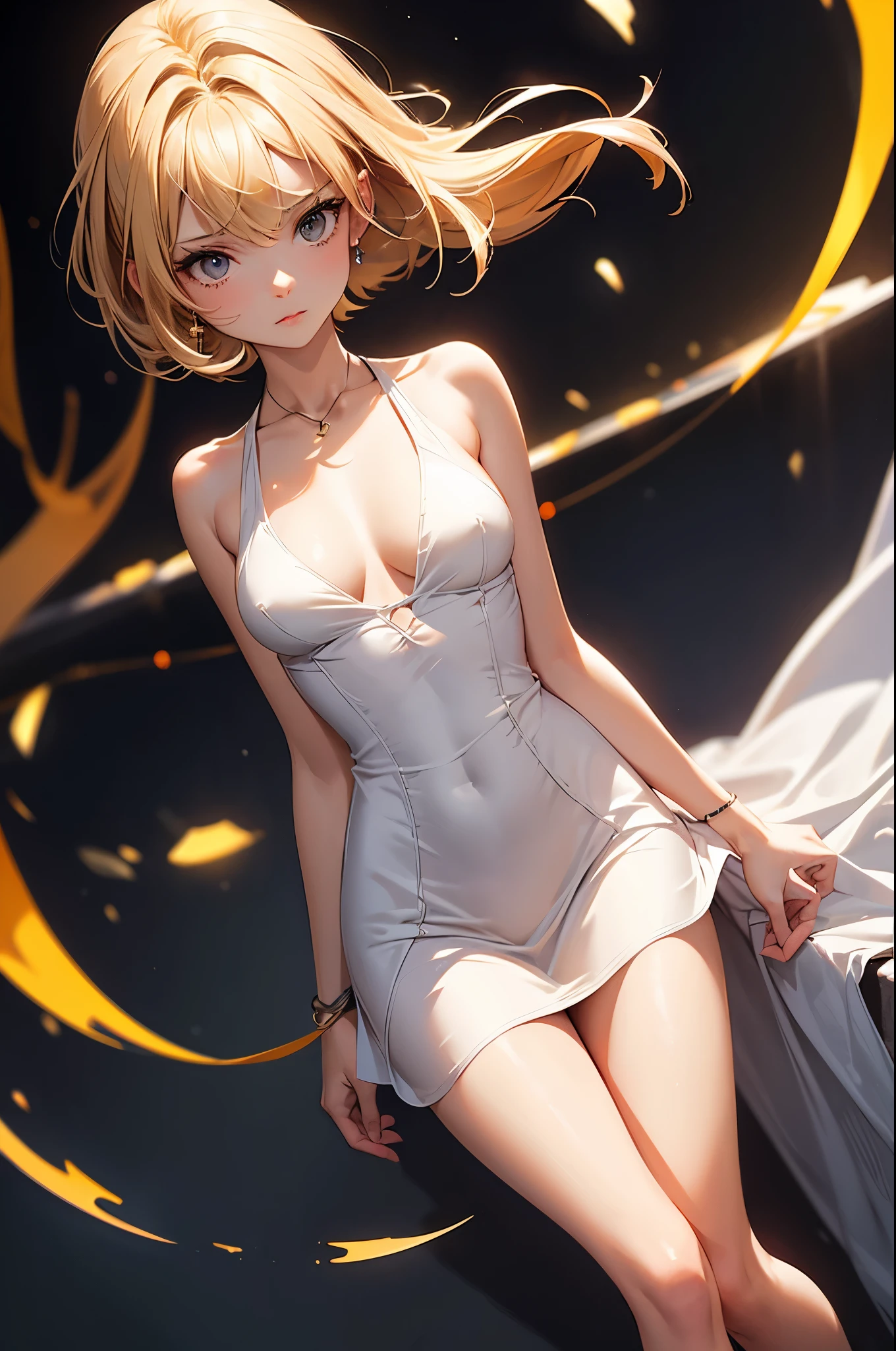 (masterpiece), (best quality), (detailed), light layer, 1solo girl, young girl, perfect body, blonde hair, defined chest, defined collarbone, ultra realistic, photorealistic, detailed, ,Enhance, Short Orange Mini Dress Low chest Bodycon Club Evening Party Sexy Dress, black background, white spotlight