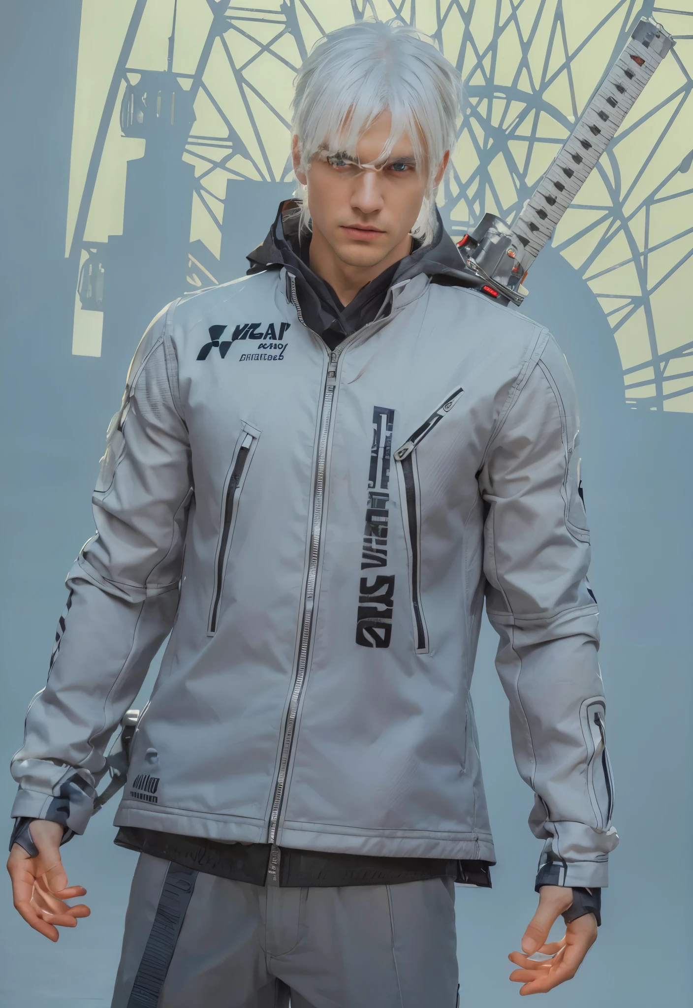 Best quality, masterpiece, ultra high res, (photorealistic:1.4), raw photo, man, white hair, white eyes, detailed eyes and face, white suit, dynamic lighting, in the dark, deep shadow, low key, cowboy shot full-lenght body