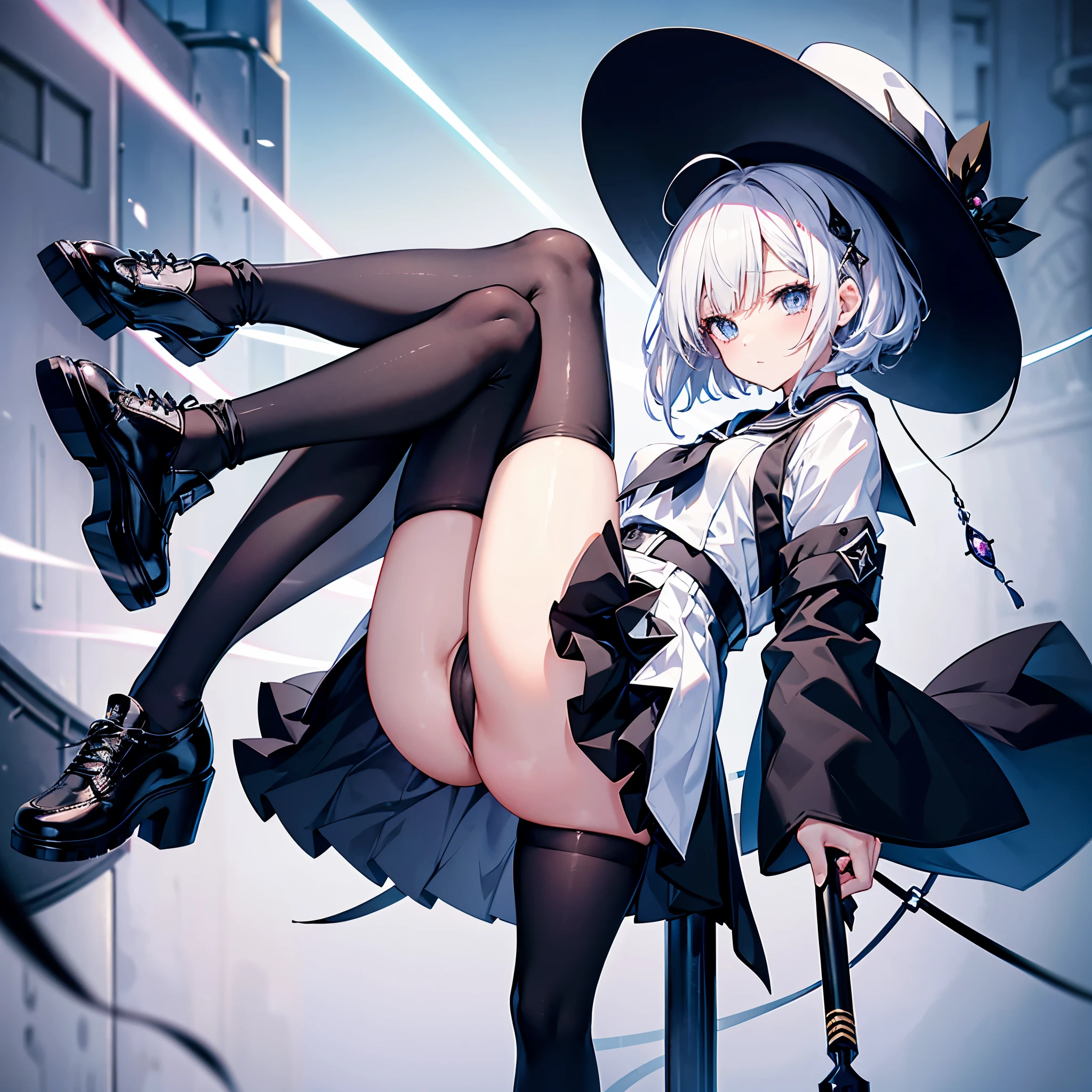 This is a woman on the roof of a high school in Tokyo.、She has white lob hair with a short bob and wears a large black witch hat with sapphire accessories.、she is wearing a long black coat、I'm wearing a sailor uniform on the inside、Black sneakers with white shoelaces、Black tights、Black stockings、R18 Illustration、Eromanga、erotic illustration、Two-dimensional illustration、Japan Anime、drawn by Japanese ilastrator、high-level image quality、4K picture quality、High Quality、hight resolution、5 million pixels、high détails、uncensored、skirt tucking up and show me pantie、downblouse、Tuck up
