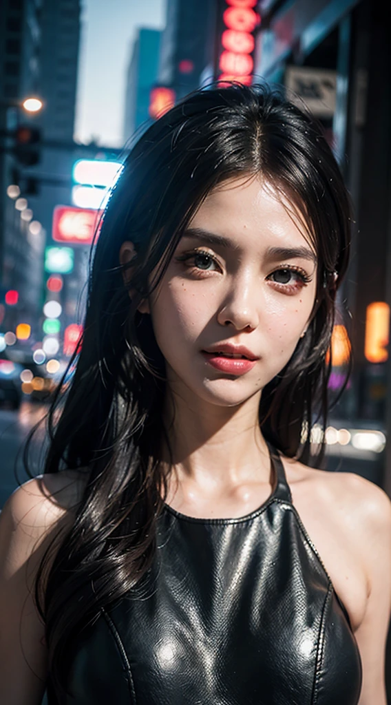 Full figure Cyberpunk 1girl ultra realistic, very detailed iris, perfect lips, perfect teeth, perfect skin, Perfect body, Perfect beauty, dramatic light, blurred cyber future City background