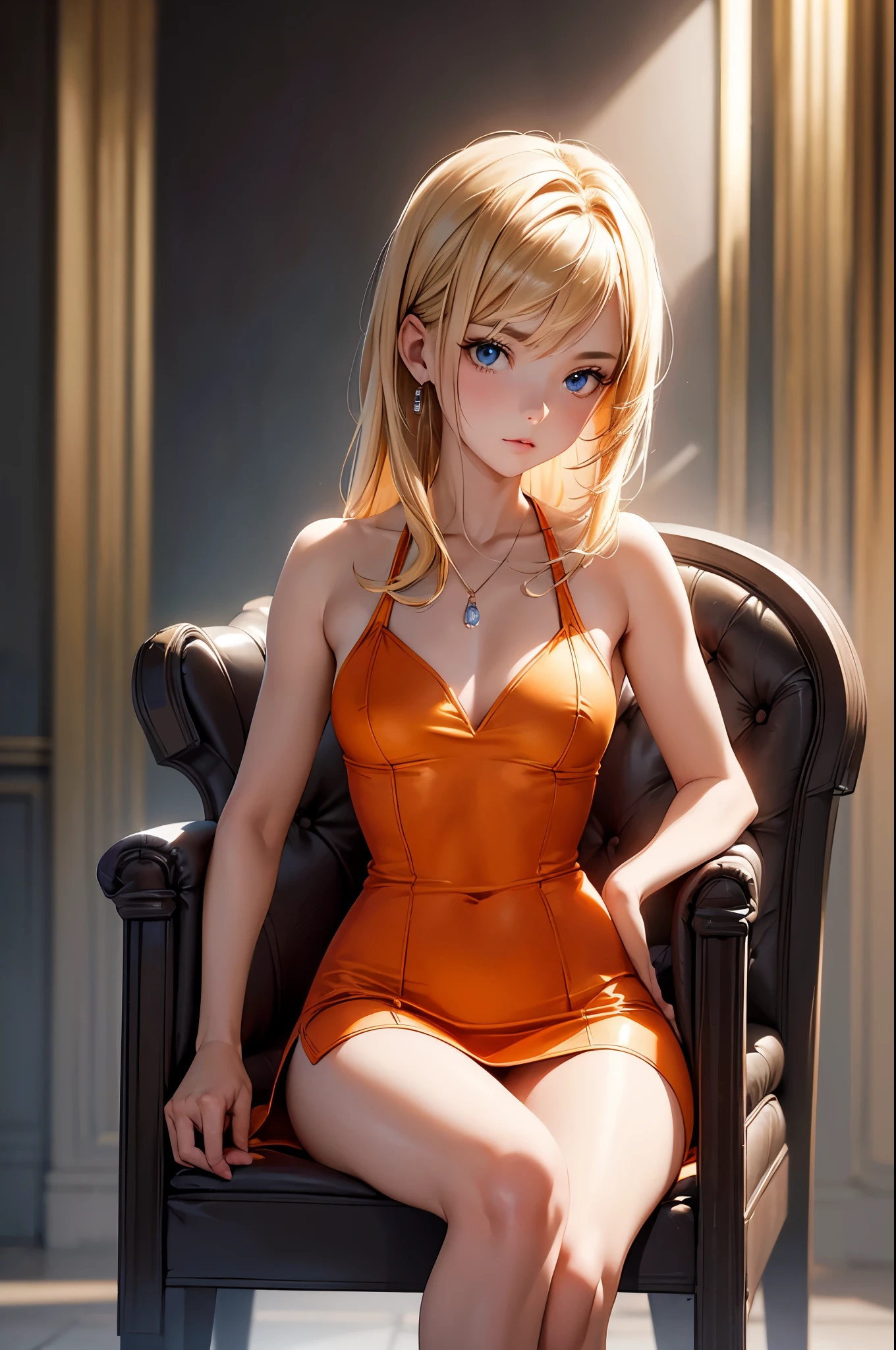 (masterpiece), (best quality), (detailed), light layer, 1solo girl, young girl, perfect body, blonde hair, defined chest, defined collarbone, ultra realistic, photorealistic, detailed, ,Enhance, Short Orange Mini Dress Low chest Bodycon Club Evening Party Sexy Dress, black background, white spotlight, sitting in chair, leg_spread