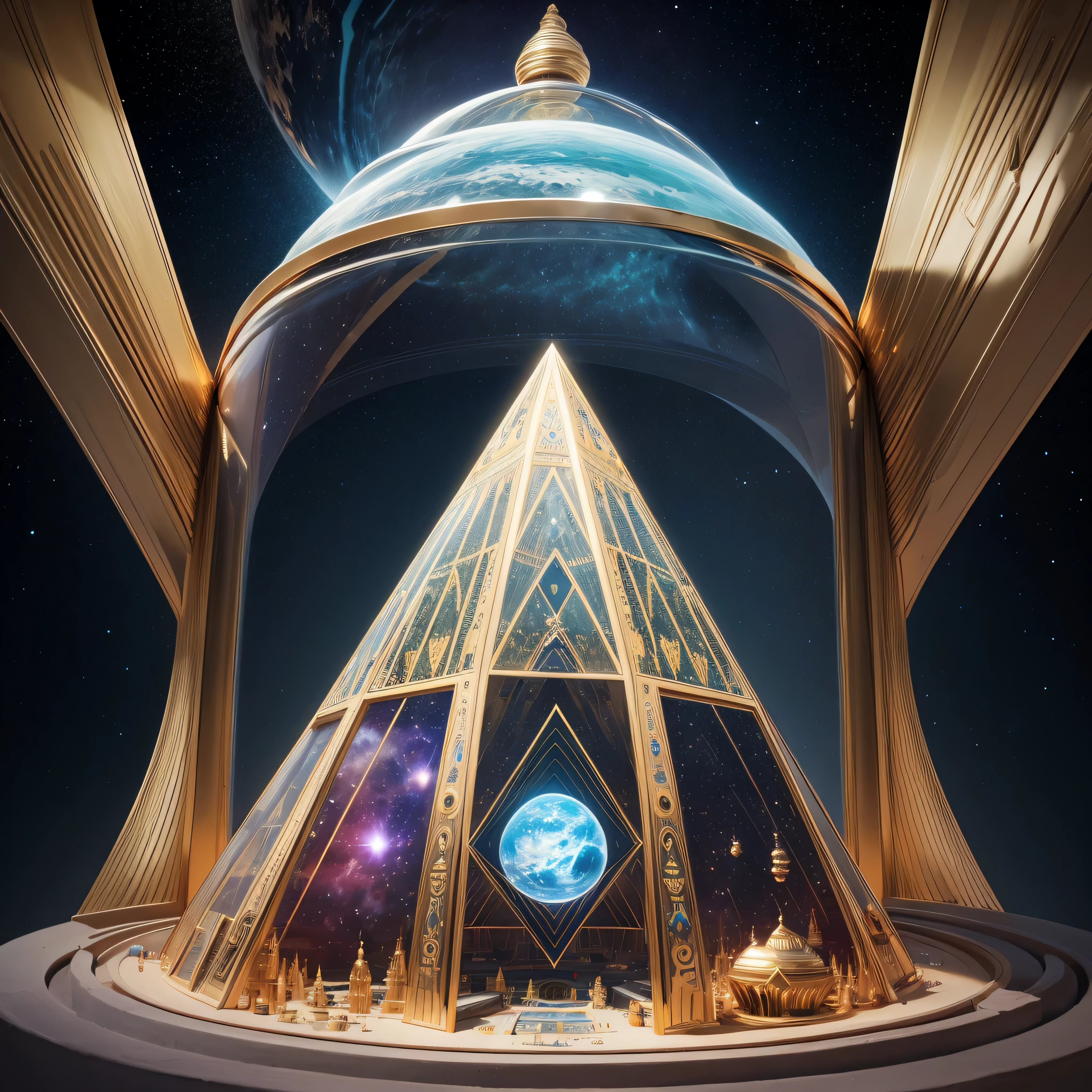 there is a pyramid with a clock in it and a planet in the background, ancient megastructure pyramid, infinite space clock background, inspired by Buckminster Fuller, crystalized time warps, inter dimensional clockwork, giant glass dome in space, pyramid portal, infinity time loop, retrofuturist liminal space, interplanetary cathedral, the orb of time, memory trapped in eternal time