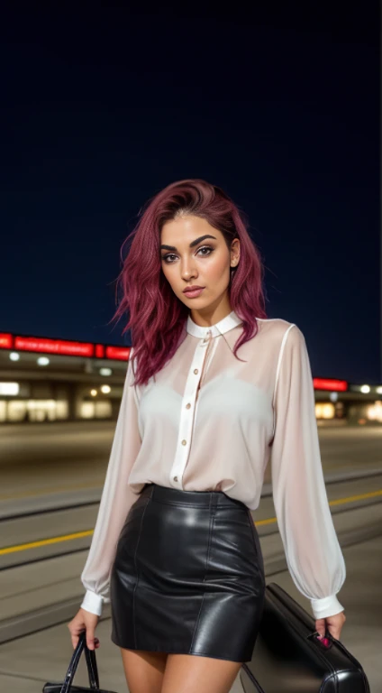 Beautiful woman in a red blouse top and dark leather short skirt , dark hair, smoky style eyes, posing for a photo, use Canon reflex 85 mm, background airport gates