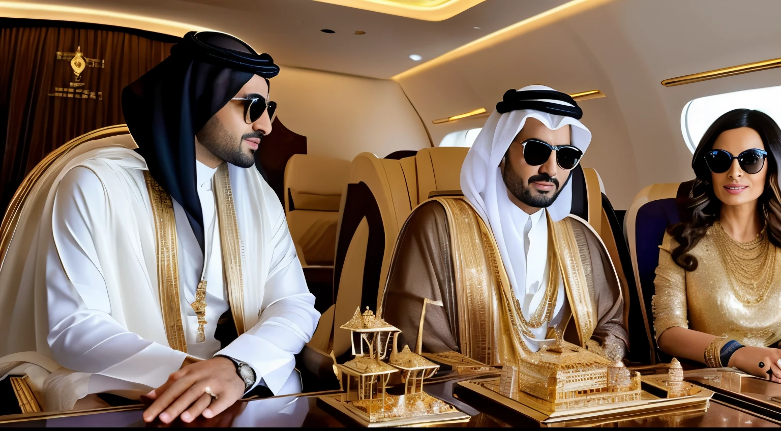 very real photo of Sheikh Manzour bin Zayed Al-Nahayan is sitting on a very elegant throne with two beautiful women in a private jet, the Sheikh wears dark glasses, they are surrounded by jewelry and gold objects