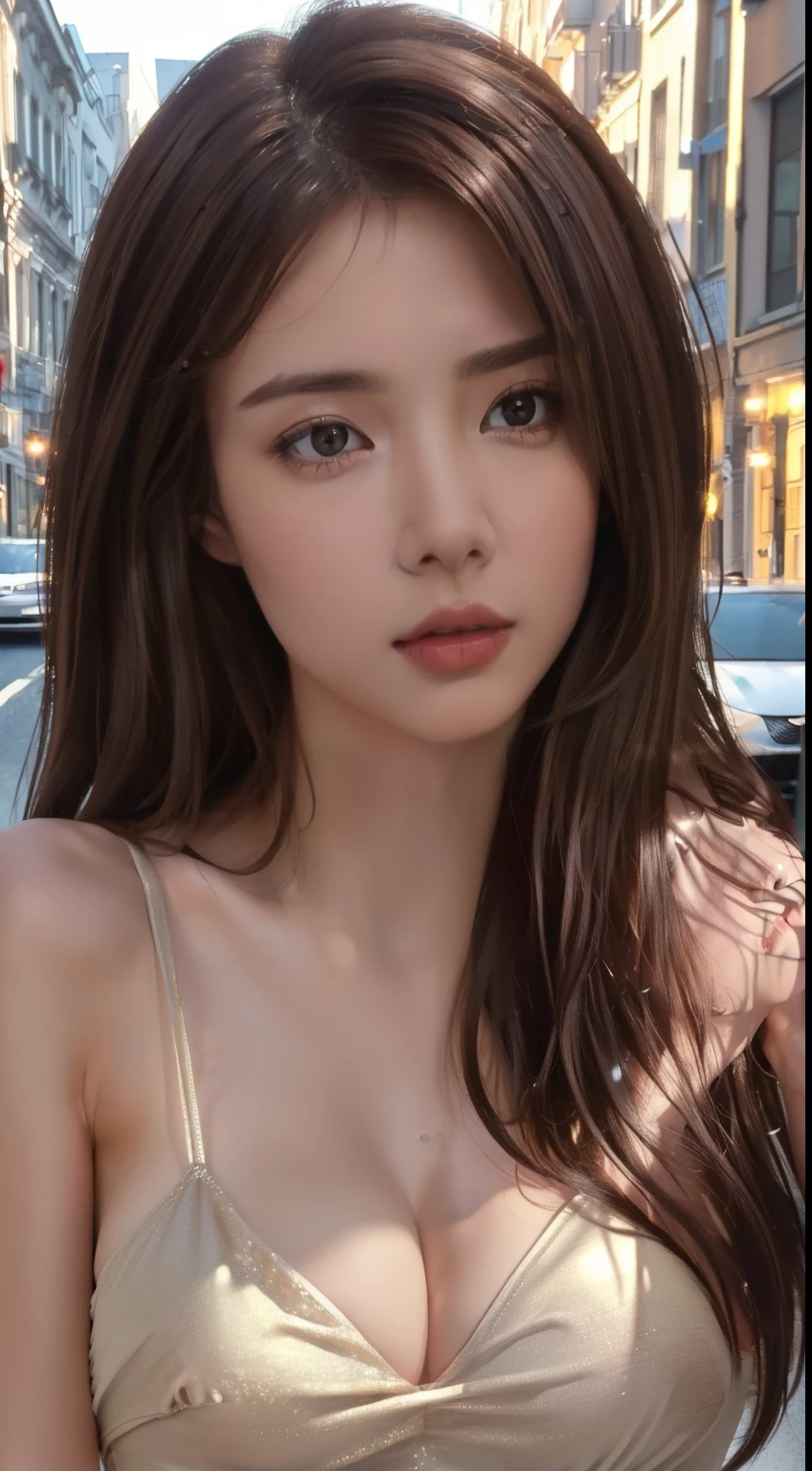((Realistic lighting, top quality, 8K, Masterpiece: 1.3)), Clear Focus: 1.2, 1 girl, Perfect Body Beauty: 1.4, Slim Abs: 1.1, ((Dark Brown Hair, Big: 1.3)), (Accelerate: 1.4), (Outdoor, Night: 1.1), Street, Slender Face, Fine Eyes, Double Eyelids, Exposed Cleavage Absurdity, Incredibly Absurd, Messy Hair, floating hair,