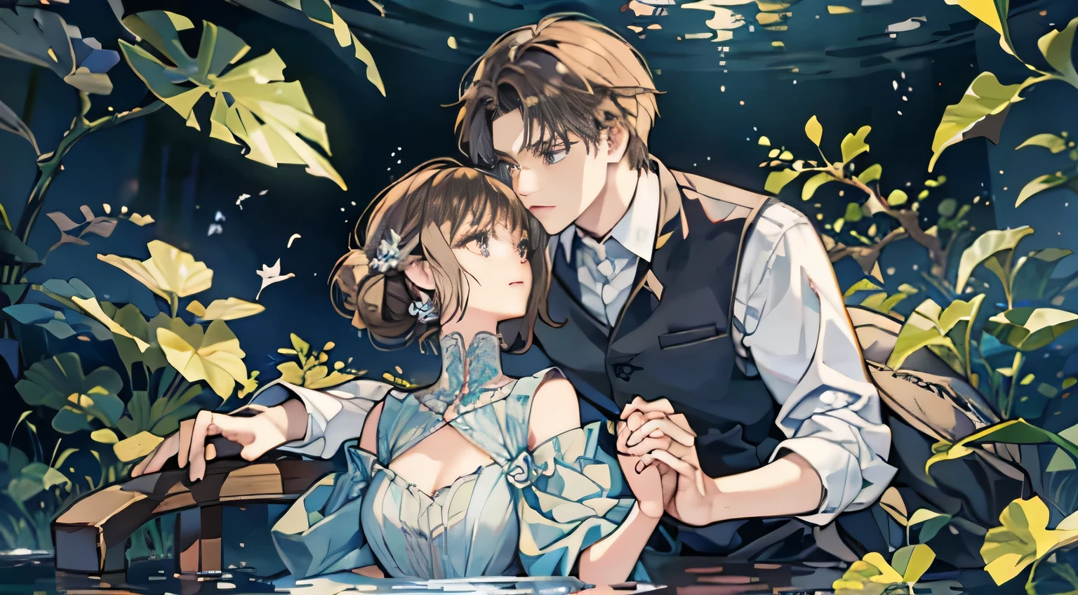 Huge amount of photos，（look from down，under the water），[(A man with brown hair and a woman with short white hair)+(the kiss)]，under the water, foam，（Warm light source：1.2），Lots of purple and blue，Plenty of detail，various colors hair，romantic, Holding hands，In the water，bustshot，Ultra-high sharpness,floating,