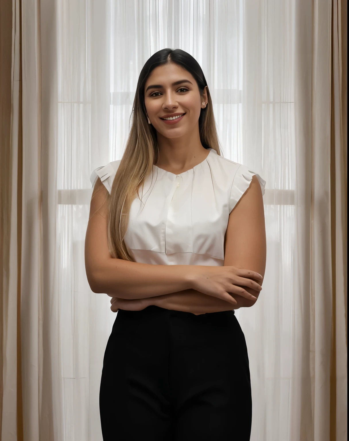 smiling woman in a white blouse and black pants in front of a window, fernanda suarez, julia fuentes, Olivia de Bernardinis, Caroline Gariba, amazing professional picture, Valentina Embaralhamento, Malika Favre, foto de perfil profissional, Foto profissional detalhada, Directed by: Nandor Soldier, imagem profissional, Christina Kritikou, Lorena Avarez, cortina branca de fundo, fundo branco, janela com cortina branca, (Foto RAW, real, melhor qualidade, obra-prima: 1.2), (Hiper realista, realista: 1.2), alta qualidade, (dark ilumination: 1.2), perfect lighting, Lightroom, Filmes 35mm, cinemactic, cores esmaecidas, tiro escuro, cores silenciadas, filme granulado, lute, detalhes insanos, detalhes intrincados, hiperdetalhado, 4k
