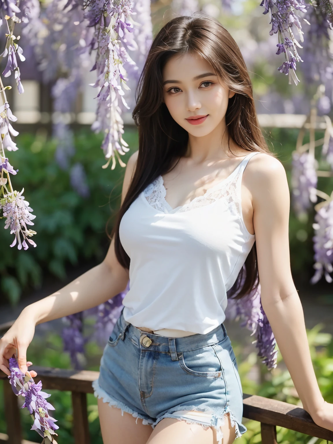 ((((top-quality))))、(((Ultra Precision CG16K Wallpapers)))、(((masterpiece)))、(((ultra-detailliert)))、(((Ultra-extreme details)))、1Man Woman、a matural female、a 25yo woman、((American Face))、((extremely beautiful face))、((Neat and clean woman:1.5))、((Straight semi-long hair:1.3))、(shinny hair)、Bangs up to the eyebrows、Beautiful brown hair、Beautiful delicate eyes、Brown eyes、raised eyebrows、lofty nose、small nostrils、small mouth、seductive lips、slightly open mouth、Beautiful breasts、C-cup size breasts、cleavage of the breast、Plump body、perfectly proportions、perfect anatomia、perfect-composition、beautiful detailed shading、Beautiful natural lighting、Beautiful detail glow、depth of fields、(((a high chroma)))、(((realisitic:1.9)))、((Vivid:1.4))、((Beautiful skin))、((Skin texture))、((realisiticな皮膚感))、(((cowboy shot:1.5)))、((Frontal angle:1.5))、((a smile:1.4))、(Eyes looking at me)、Bright sunshine、(((stand in front of the wisteria trellis:1.5)))、(standing pose)、(((Light blue lace tank top clothing:1.5)))、(((White cotton shorts:1.5)))、