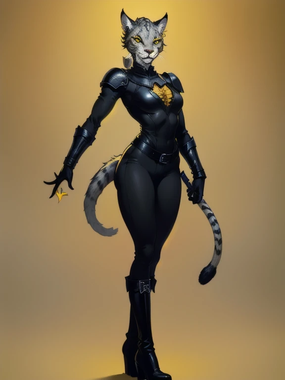 no background, background clean, standing character full body ((solo)), khajiit female beautiful adult, ears lynx, tail panther, perfect slim body,  beautiful cute face, pretty detail eyes, ((yellow colored eyes)), beautiful detailed lips, extremely detailed eyes and face, black boots, black pants, black gloves, black armor