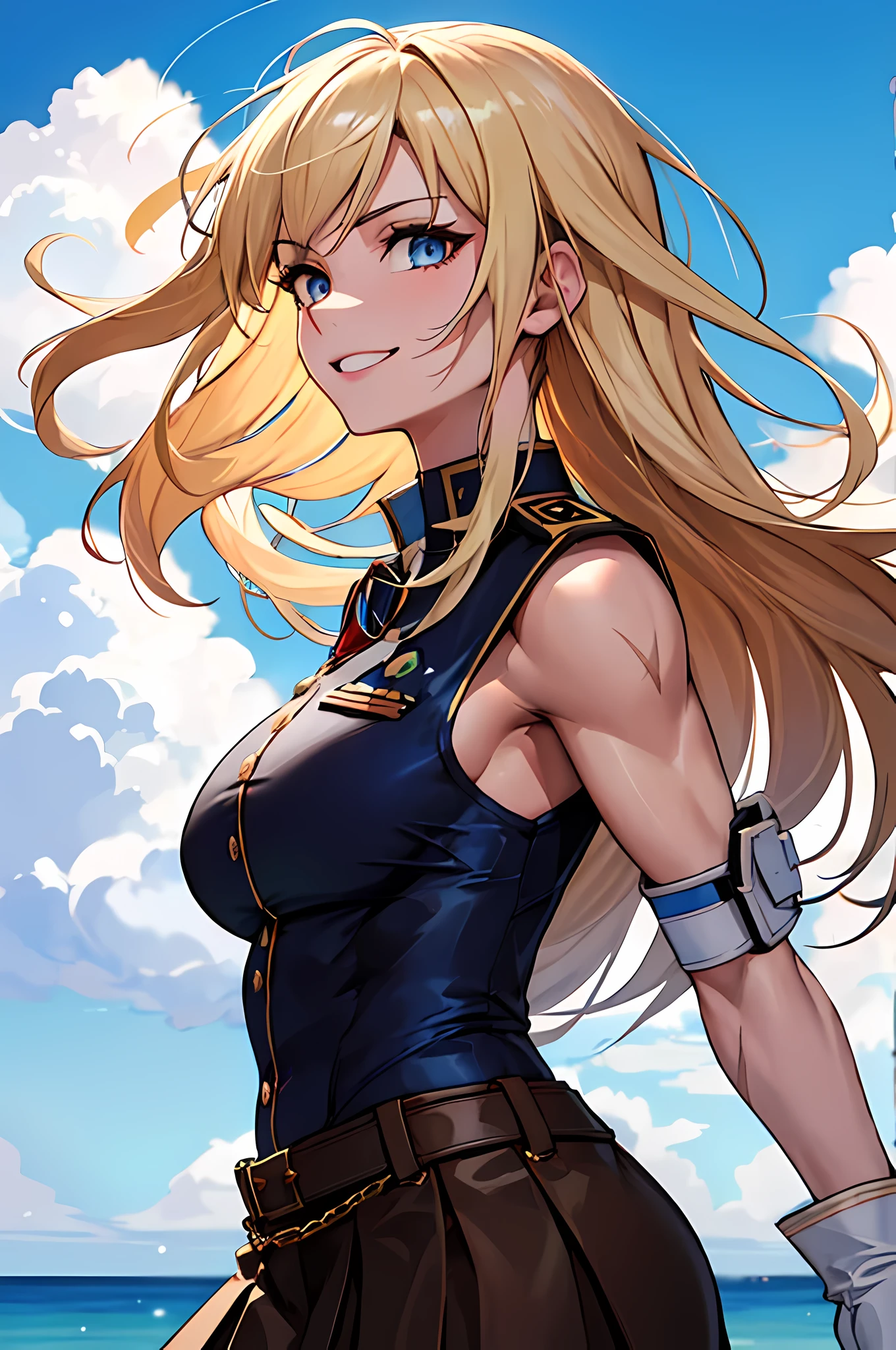 (absurdres, 8k, 4k, masterpiece, hyper extreme detailed:1.2), solo, 1girl, front view, perfect face, 1girl, portrait, expressive eyes, looking at viewer, solo, standing, Female, toned body, mature female, large breasts, pale, platinum blonde hair, long hair, dark blue eyes, swept bangs, athletic body, stoic, windy hair, moving hair, moving clothes, Dark Brown Skirt. White Shirt, German, Medals, Military, battle worn, scars, medals, messy hair, smile, happy, heroic, perfect anatomy, friendly, heroism, light blonde hair, blue sky, sun, clouds, muscular, half body, white gloves, abs under clothes