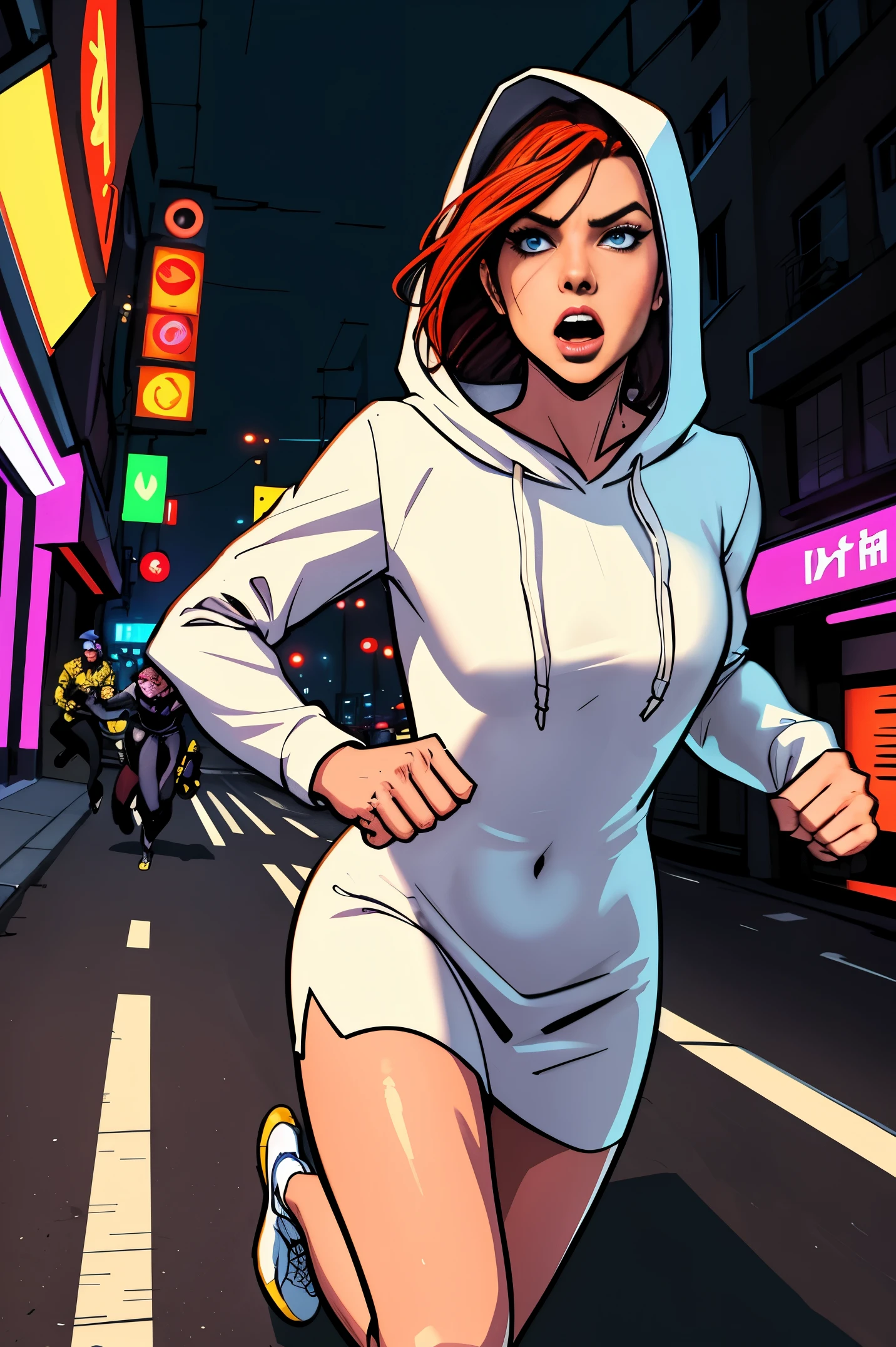 Close up image of 2 subjects, 1girl with auburn colored hair, wearing long sleeve white dress with hood, (running towards camera), (woman looks scared), frightened, running for her life, running away from man wearing armor, getting grabbed by man, down a dirty city alley, futuristic city at (night:1.4), blue and yellow neon signs, chase scene, action scene, thick outlines, comic book style, dynamic camera angle, realistic skin, realistic hands, perfect hands, action lines, motion blur background