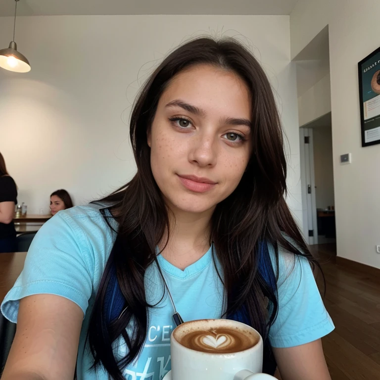 23 year old hyperrealistic latin girl with freckles, Mood selfie for Instagram, Ultra-Definition, (fotoreallistisch: 1.4), 8K, first-class quality, Detailed backgrounds, zartes Gesicht, Natural makeup, Foto RAW, iphone (iPhone), HDR, Flirten mit dem Betrachter, in einem Restaurant, einen Cappuccino trinken, Mit Kleidung, blue strands of hair