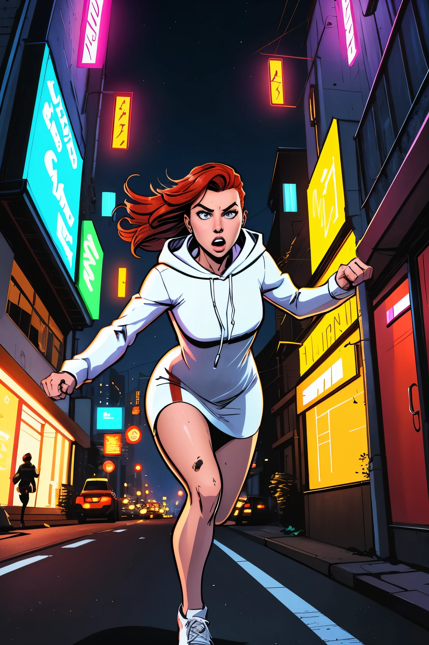 Close up image of 2 subjects, 1girl with auburn colored hair, wearing long sleeve white dress with hood, (running towards camera), (woman looks scared), frightened, running for her life, running away from man wearing armor, getting grabbed by man, down a dirty city alley, futuristic city at (night:1.4), blue and yellow neon signs, chase scene, action scene, thick outlines, comic book style, dynamic camera angle, realistic skin, realistic hands, perfect hands, action lines, motion blur background