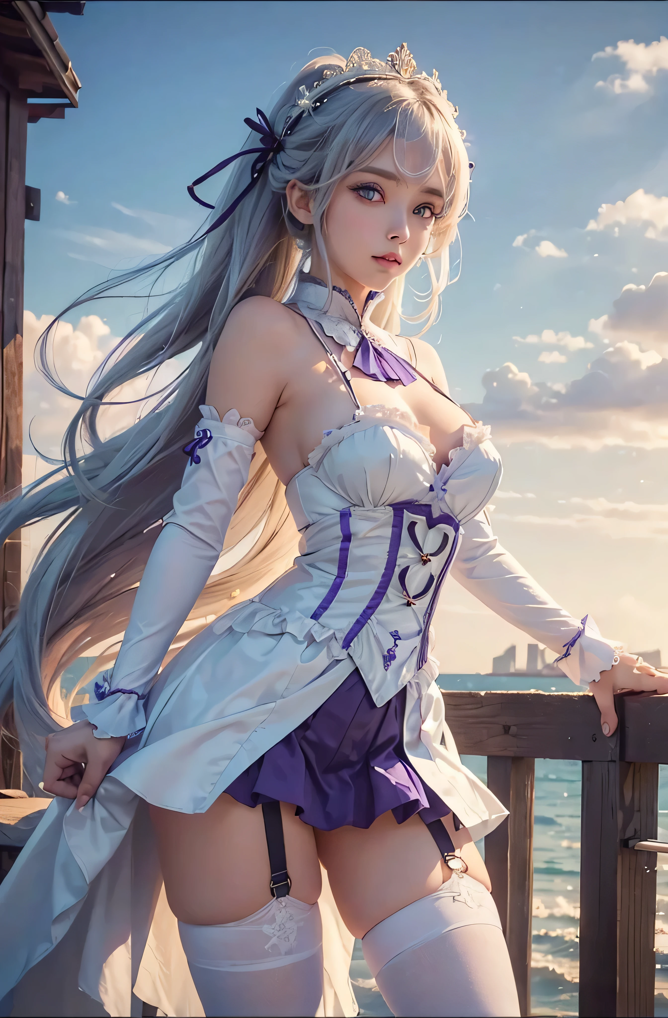 rezeroEmilia, Emilia, pigtail, crown pigtail, flor, flor de cabelo, ornamento de cabelo, fita de cabelo, Cabelos Longos, orelhas pontudas, (Purple eyes:1.2), cabelos brancos, x ornamento de cabelo,
quebrar terno de coelho branco, pegajoso, sexy, pele apertada, medium breasts, clivagem, orelhas de coelho, Fishnets, garter straps, Zettai Ryouiki,
quebrar ao ar livre, Cidade,
quebrar olhando para o espectador, cowboy shot, corpo inteiro, quebrar (master part:1.2), best quality, high resolution, Unity 8k papel de parede, (illustration:0.8), (belos olhos detalhados:1.6), Rosto extremamente detalhado, perfect lighting, CG extremamente detalhado, (perfect hands, anatomia perfeita),
