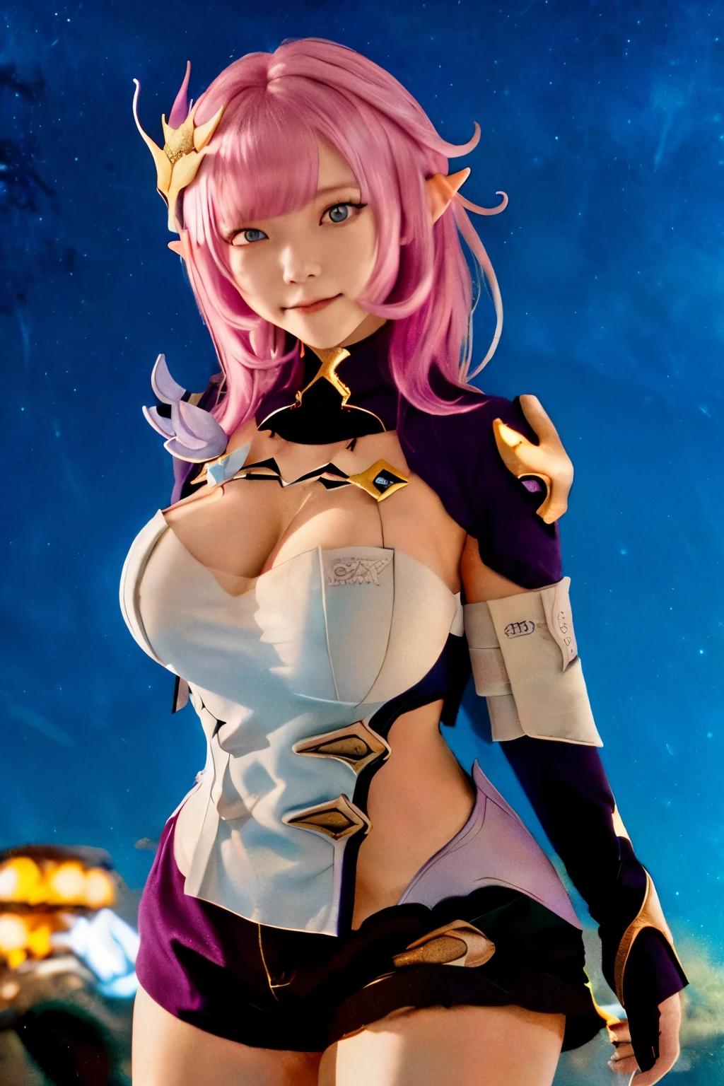 (Realistic painting style:0.9), masterpiece, best quality,  absurdres, elysia (miss pink elf) (honkai impact), slit pupils, elysia (honkai impacf, pointy ears, 1girl, breasts, cleavage, pink hair, solo, hair ornament, smile, blue eyes, long hair, looking at viewer, open mouth, bangs, :d, sky, star (sky), black shorts, large breasts, starry sky, shorts, night sky, arms behind back, night, long sleeves, pink pupils, Grinning,