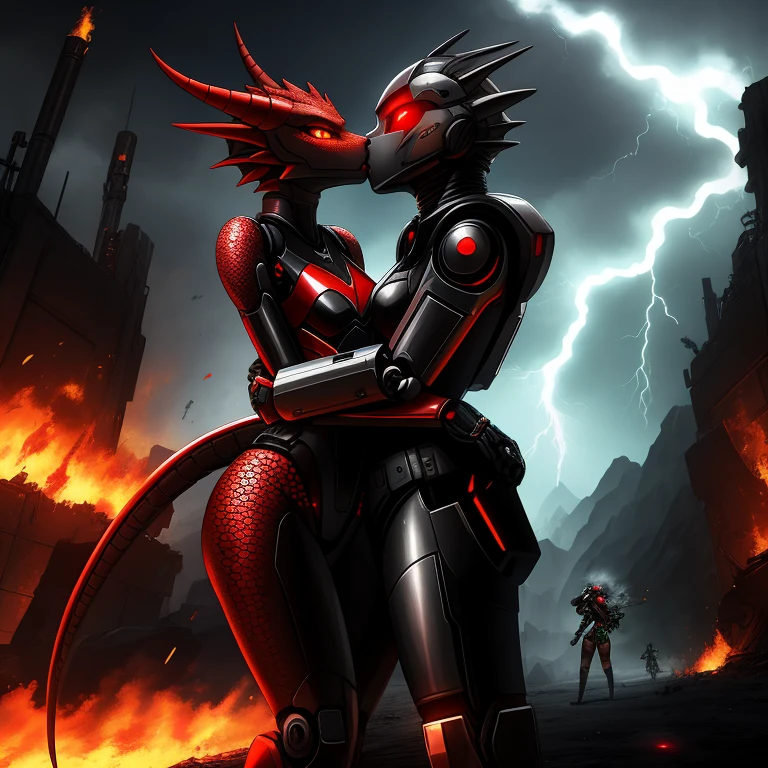 Female, kissing, hugging, loving, green black red, furry, anthro, kobold, android, metallic, long tail, draconic, scales, robotic, realistic, no clothes, small breasts, thin body, curved thighs, standing, battlefield, holding blaster gun, glowing eyes, explosions, fires, lightning, debri, science fiction, scifi, high quality, masterpiece, war, fighting, sexy, detailed,