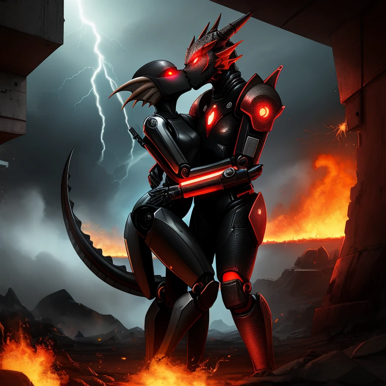 Female, kissing, hugging, loving, green black red, furry, anthro, kobold, android, metallic, long tail, draconic, scales, robotic, realistic, no clothes, small breasts, thin body, curved thighs, standing, battlefield, holding blaster gun, glowing eyes, explosions, fires, lightning, debri, science fiction, scifi, high quality, masterpiece, war, fighting, sexy, detailed,