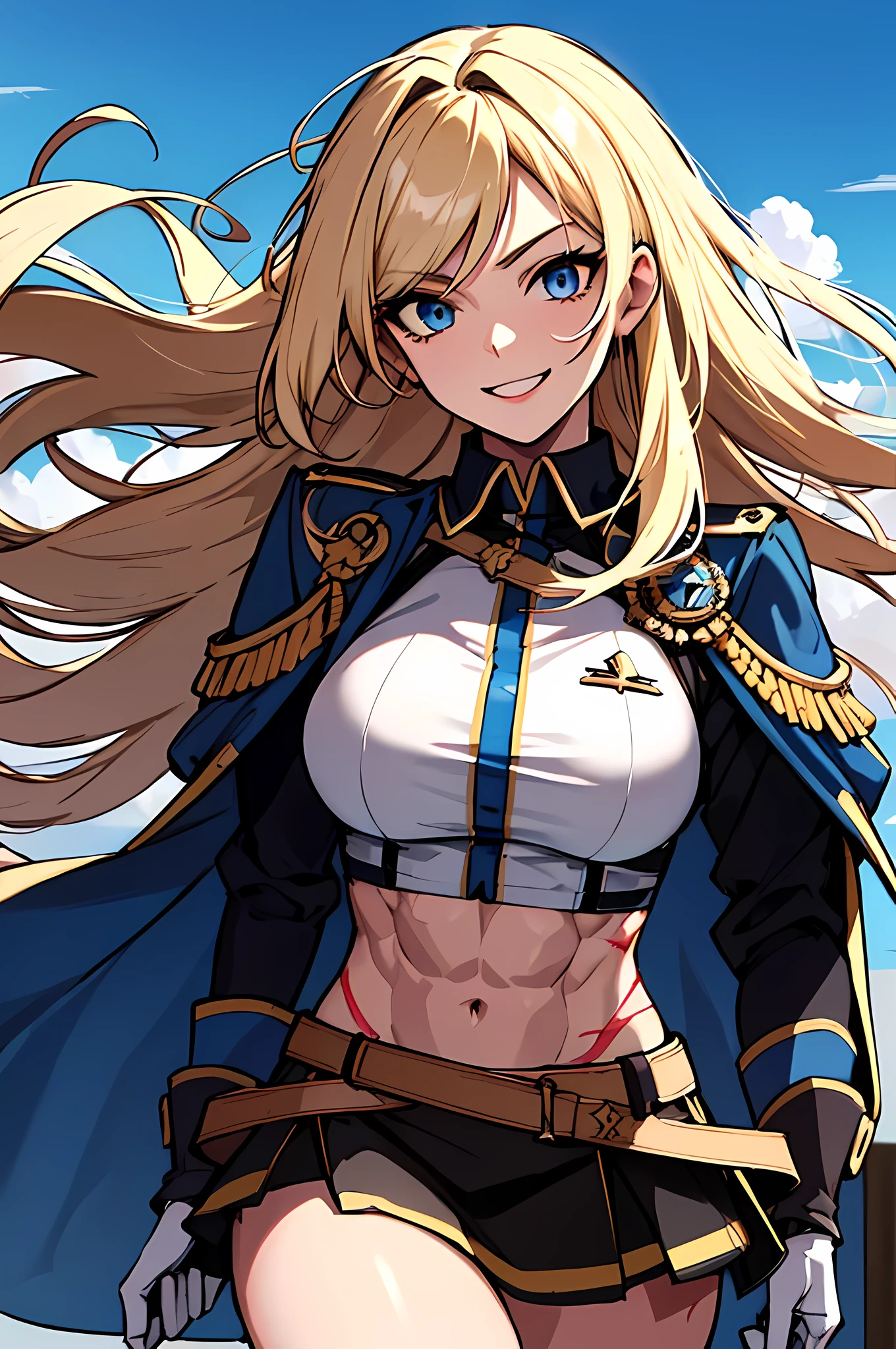 (absurdres, 8k, 4k, masterpiece, hyper extreme detailed:1.2), solo, 1girl, front view, perfect face, 1girl, portrait, expressive eyes, looking at viewer, solo, standing, Female, toned body, mature female, large breasts, pale, platinum blonde hair, long hair, dark blue eyes, swept bangs, athletic body, stoic, windy hair, moving hair, moving clothes, Dark Brown Skirt. White Shirt, German, Medals, Military, battle worn, scars, medals, messy hair, smile, happy, heroic, perfect anatomy, friendly, heroism, light blonde hair, blue sky, sun, clouds, muscular, half body, white gloves, abs under clothes