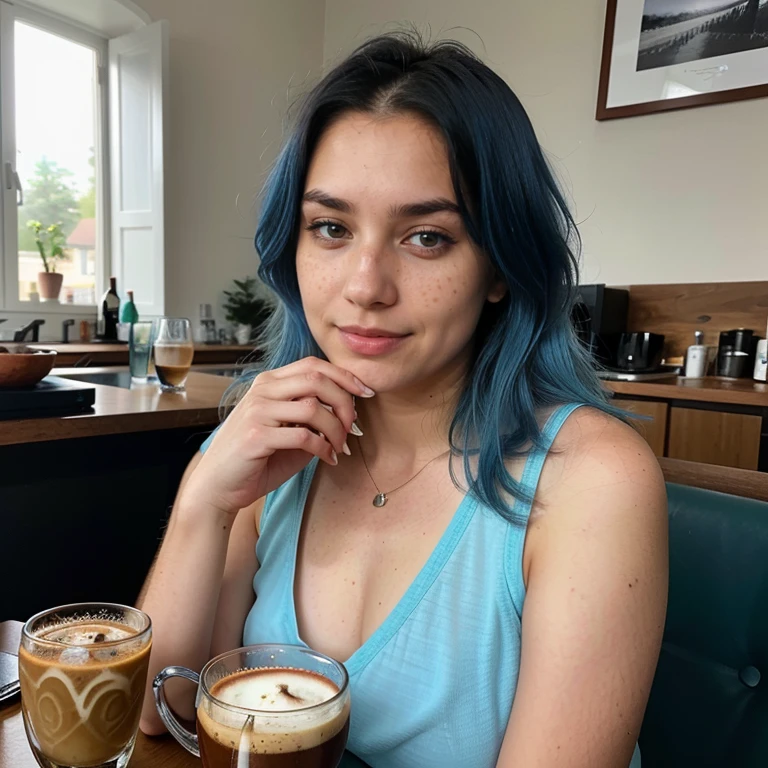 23 year old hyperrealistic Latin American girl with freckles and slightly blue hair, Mood selfie for Instagram, Ultra-Definition, (fotoreallistisch: 1.4), 8K, first-class quality, Detailed backgrounds, zartes Gesicht, Natural makeup, Foto RAW, iphone (iPhone), HDR, Flirten mit dem Betrachter, in einem Restaurant, einen Cappuccino trinken, Mit Kleidung, blue strands of hair