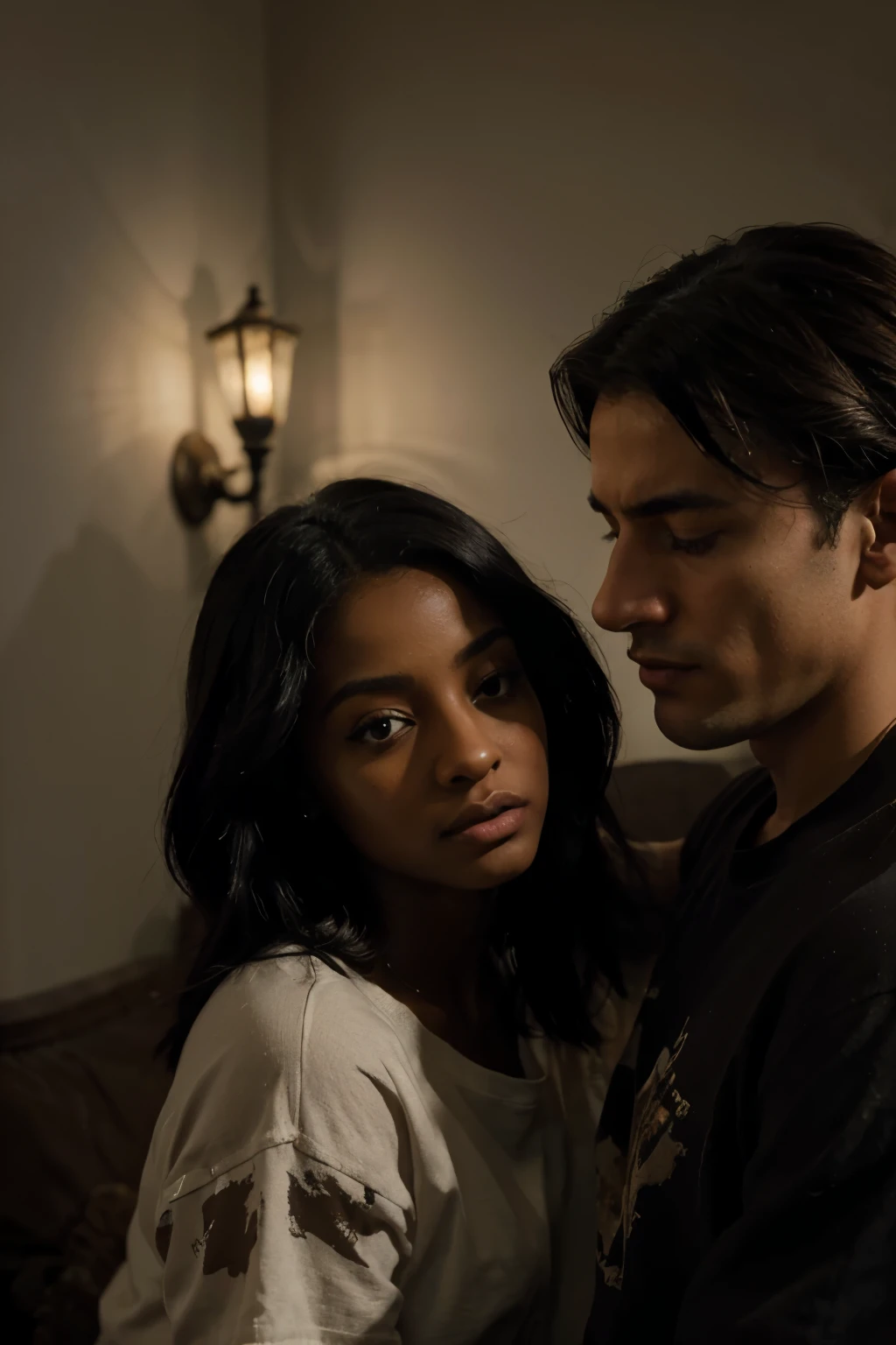 a poignant and emotionally charged dark painting, in a very dark dimly lit room, filled with the warmth of romance, cozy setting, small apartment, black hair, Justine Skye kissing a very handsome man, on an old sofa, very dark skin, very dark room, painted in the style of Joseph Mallord William Turner, chiaroscuro lighting, justine is wearing a t-shirt, she has full lips, the man has a caesar haircut