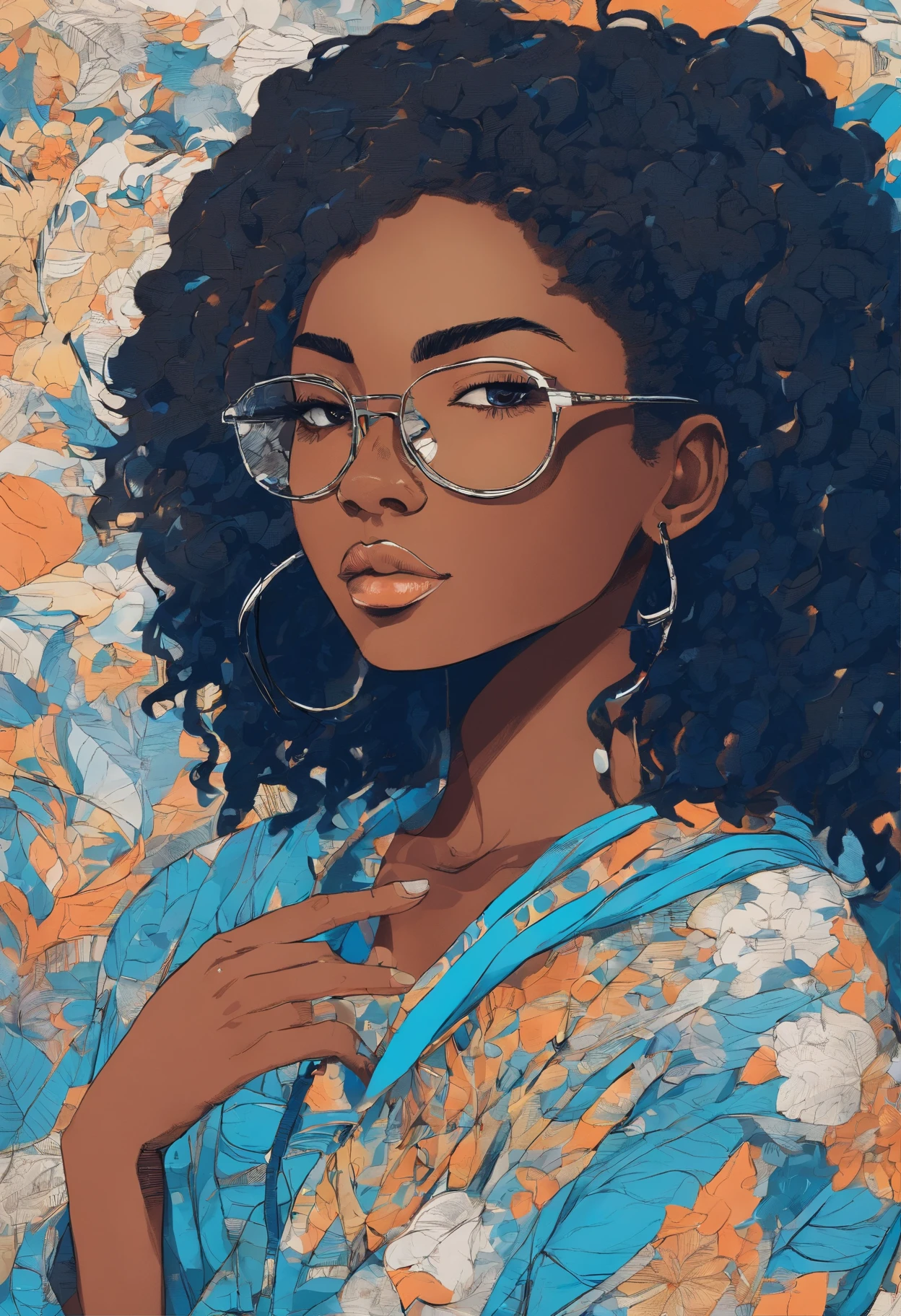 African girl, black hair, long blue off the shoulder sweater, aviator glasses, insanely detailed, 8k, high definition