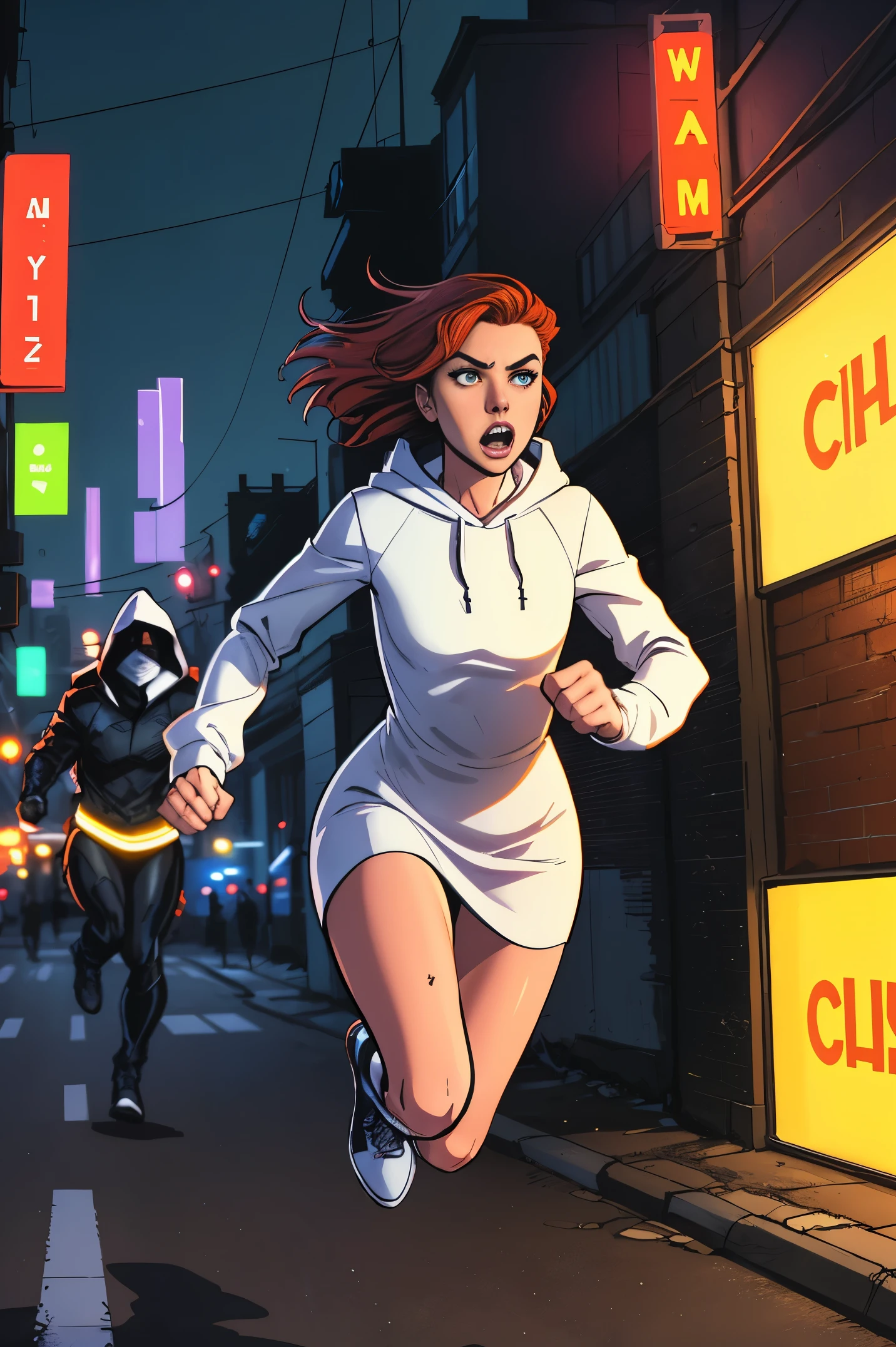 Close up image of 2 subjects, 1girl with auburn colored hair, wearing long sleeve white dress with hood, (running towards camera), (woman looks scared), frightened, running for her life, running away from man wearing armor, getting grabbed by man, down a dirty city alley, futuristic city at (night:1.4), blue and yellow neon signs, chase scene, action scene, thick outlines, comic book style, dynamic camera angle, realistic skin, realistic hands, perfect hands, action lines, motion blur background
