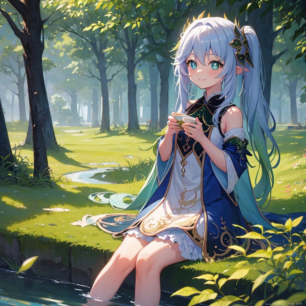 tmasterpiece, Best quality at best, offcial art, 8k wallpaper, The is very detailed, illustratio, 1 girl, sky-bluehair, long whitr hair, 詳細な目, Forrest gump, of shoulders, Hanfu, lake, pure, gently smiling, bamboos, teas