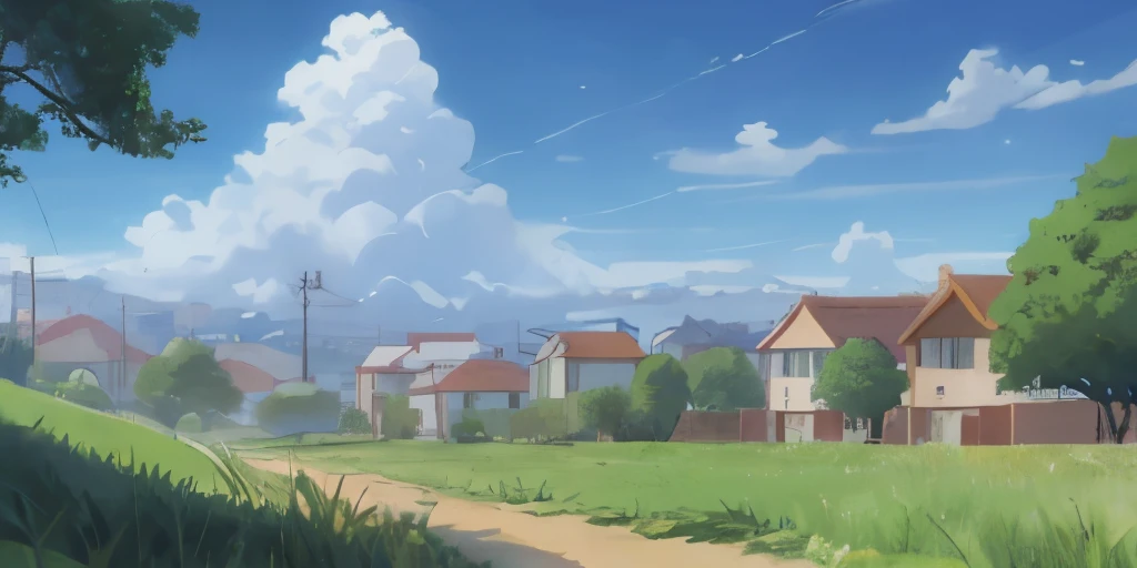 anime scenery. neighborhood. ruas de pedra, grass and vegetation. pinheiros. Casas comuns. sky and clouds.