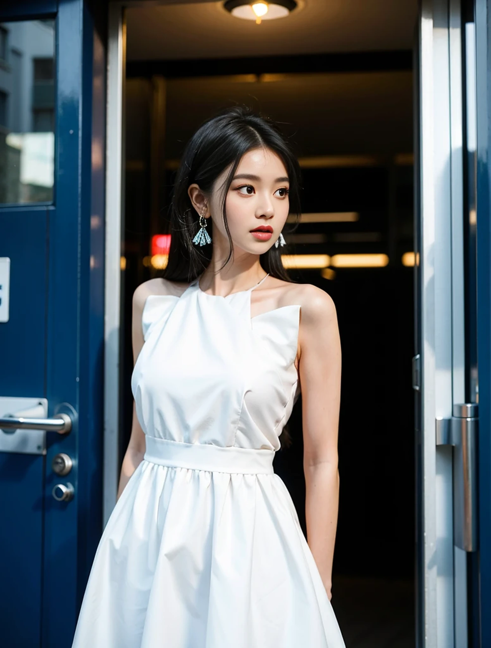 1 woman, black hair, blue pupils, delicate face, cute, love earrings, white dress, standing at the door of the police station, playful, ultra hd, masterpiece, best quality, super detail, ccurate