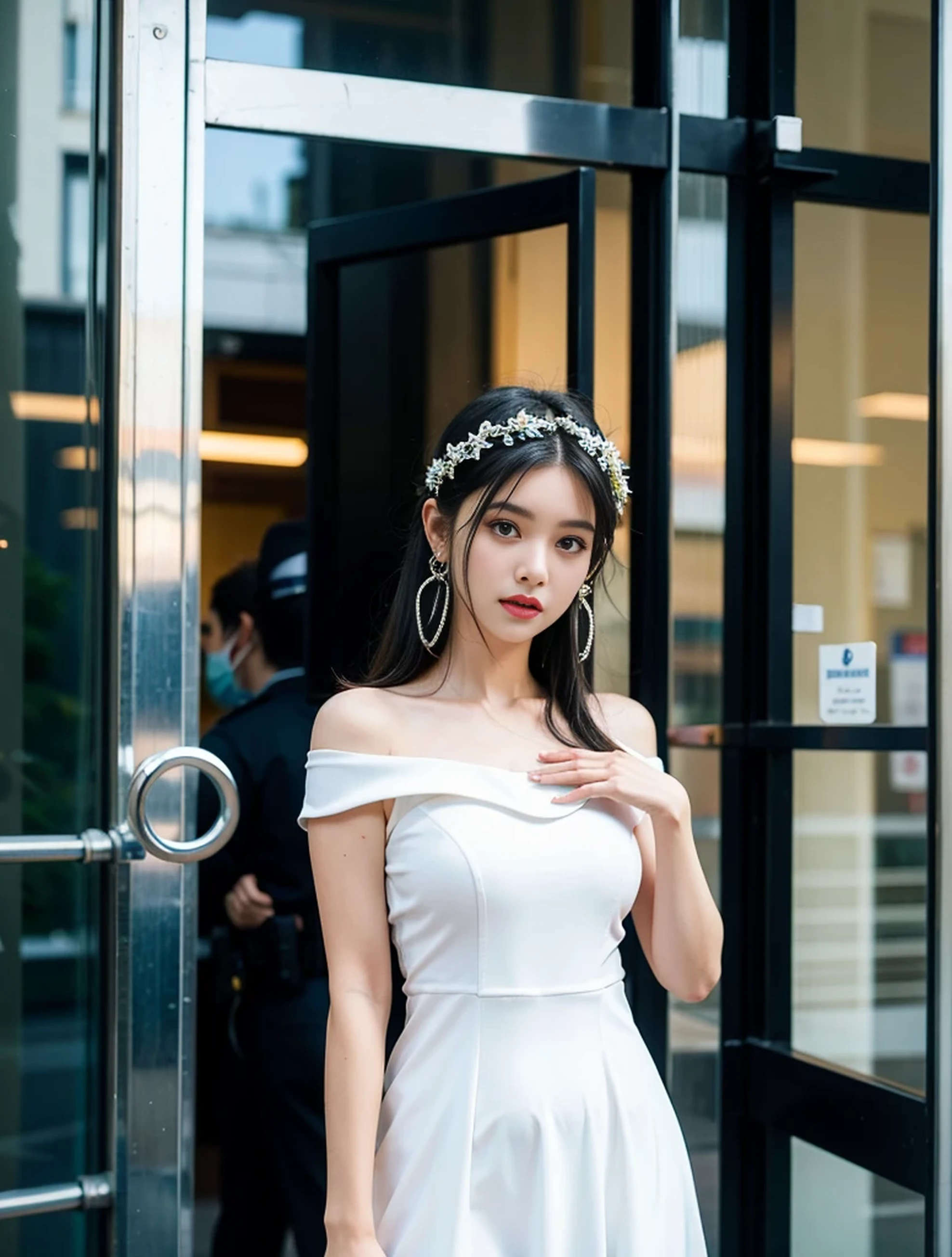 1 woman, black hair, blue pupils, delicate face, cute, love earrings, white dress, standing at the door of the police station, playful, ultra hd, masterpiece, best quality, super detail, ccurate