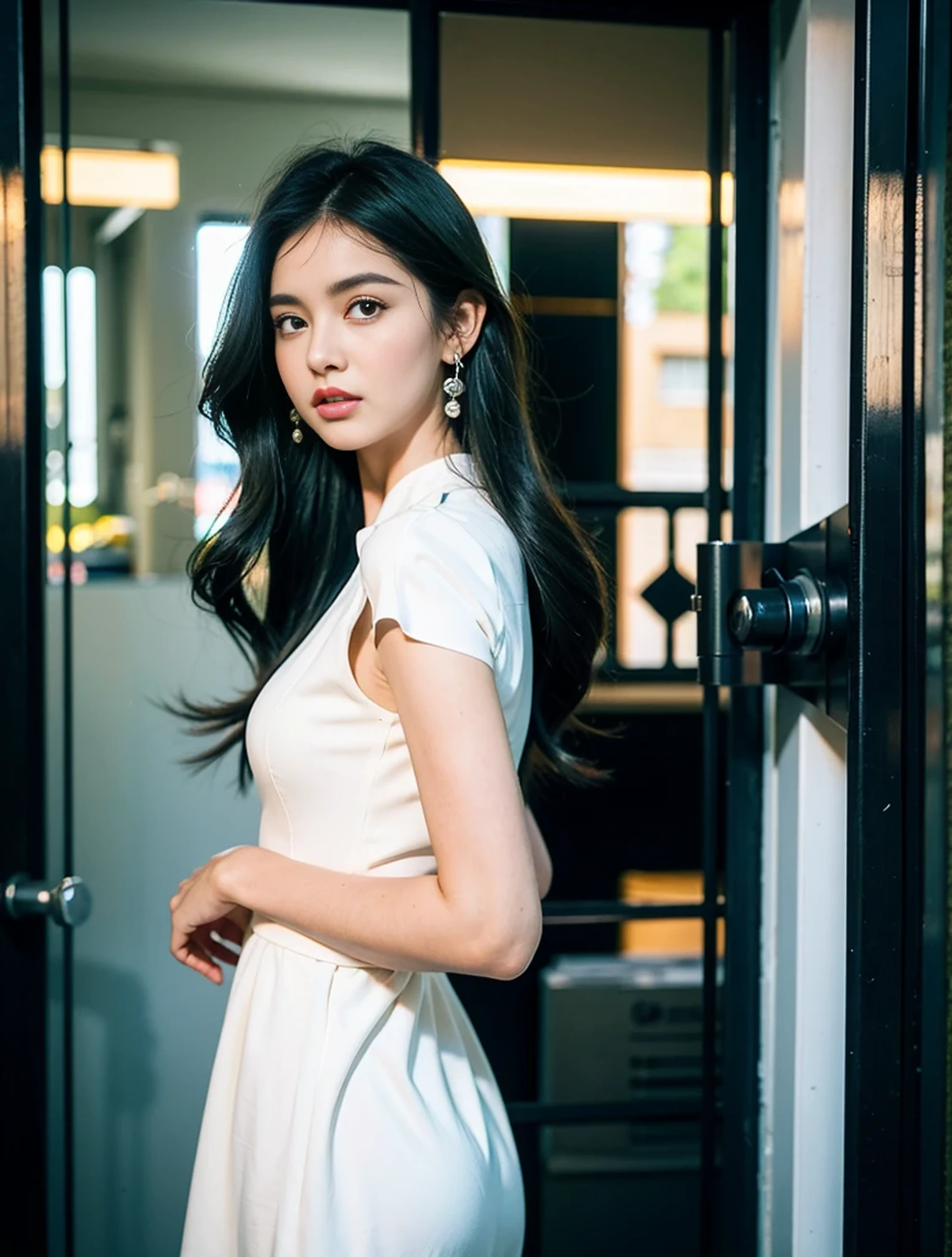 1 woman, black hair, blue pupils, delicate face, cute, love earrings, white dress, standing at the door of the police station, playful, ultra hd, masterpiece, best quality, super detail, ccurate