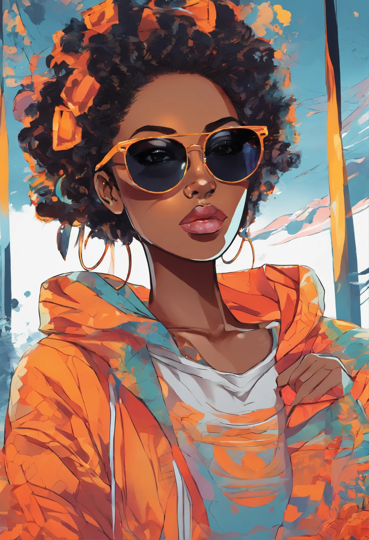 African girl, black hair, long, fire-colored, off the shoulder sweater, aviator glasses, insanely detailed, 8k, high definition