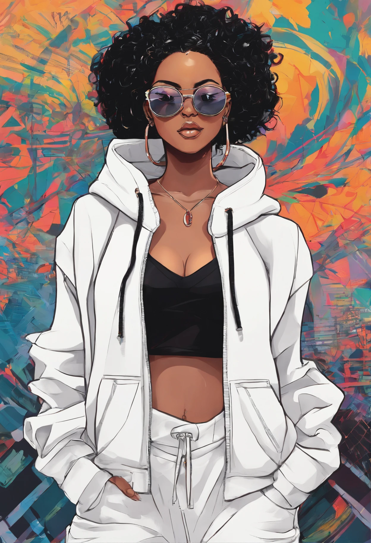 African girl, black hair, long white off the shoulder hoodie, aviator glasses