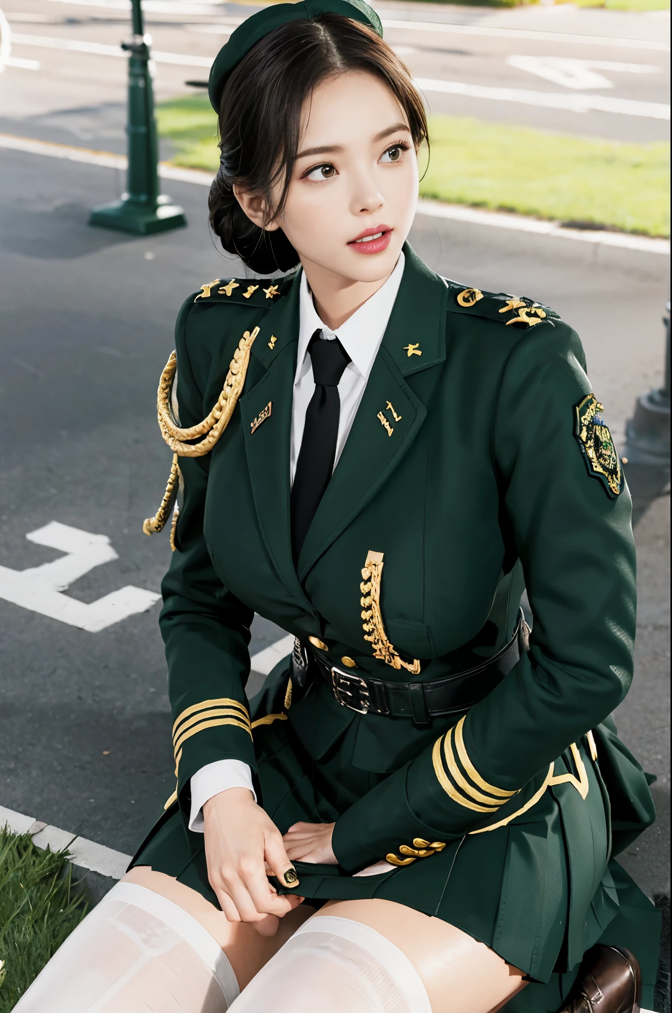 Very detailed CG unity 8K wallpaper，（tmasterpiece），（best qualtiy），（ultra - detailed），（Ultra photo realsisim），（best character detail：1.36），Nikon D750 f / 1.4 55mm，profesional lighting， physically-based renderingt, 1girll, Female soldier，army suit，Green military uniform，Fabric texture military uniform，Dark green tie，Army green skirt，military hat，Black hair，the golden ratio,[:(com rosto detalhado:1.2):0.2]:,PureErosFace_V1, broad shoulder,(Bigchest:1.5),(big assa:1.5)，Wide buttock ，Bare legged，Plump legove the center of gravity back，Squat on the grass，Spread your legs apart，The skirt covers the bottom of the skirt，whitestocking，Small black leather shoes，hands lying on thighs，Soaked with sweat，red flags，At the cafe，Night Street，bright sun，Look at the audience from the front，Bright smile，White teeth，lighting，Contre-Jour，