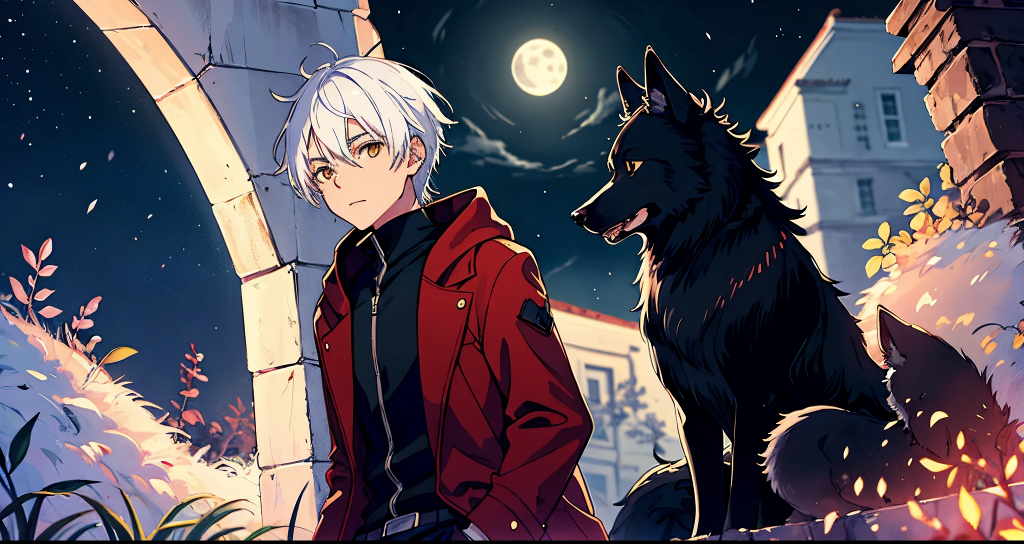 um menino com cabelos brancos ao lado de um lobo negro ao luar noturno