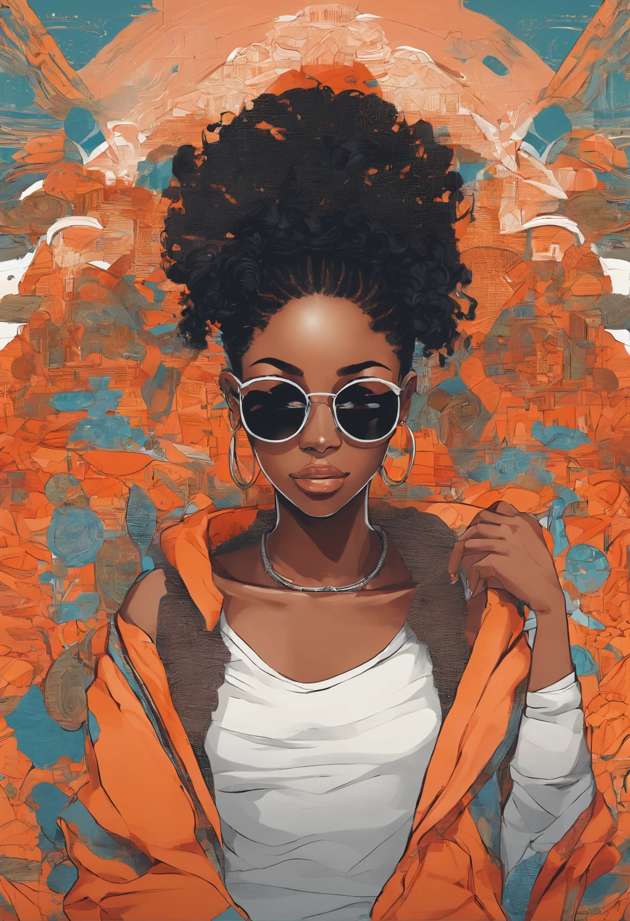 African girl, black hair, long, fire-colored, off the shoulder sweater, aviator glasses, insanely detailed, 8k, high definition