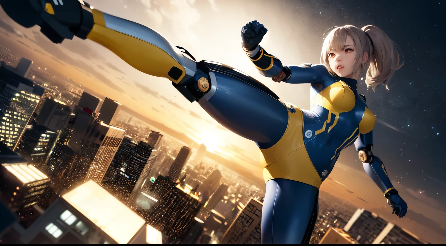 1girl robot, chrome skin, blue trim, intricate detail, yellow eyes, Action: Flying kick a tank, city, dynamic, absurdres, volumetric lighting, chiaroscuro, high res, ultrasharp, 8k, masterpiece