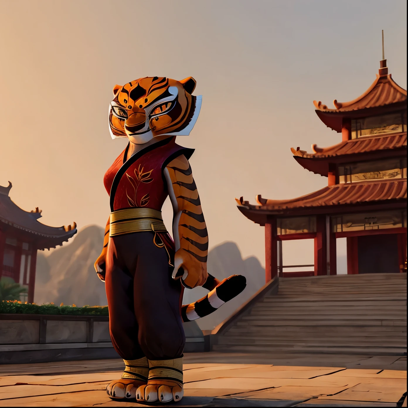 solo, female, master tigress, black kung fu clothes, standing, chinese castle, full body, high quality, 8k, 3d, dreamworks style, cinematic, perfect face