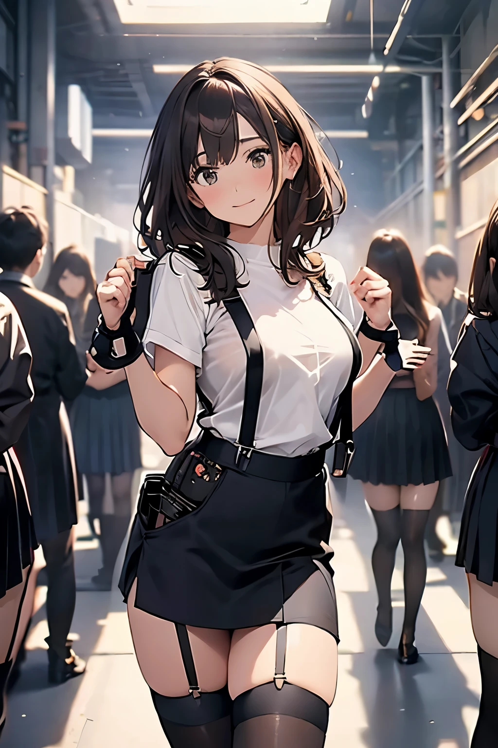 Brown hair、watching at viewers black suspenders Bulging big breasts walls: Black miniskirt garters Gaze Small face bangss holster Beautuful Women hands up レッグholster ベッドに横たわる Gaze black boots panty shot provocation flank flank汗 soio arm