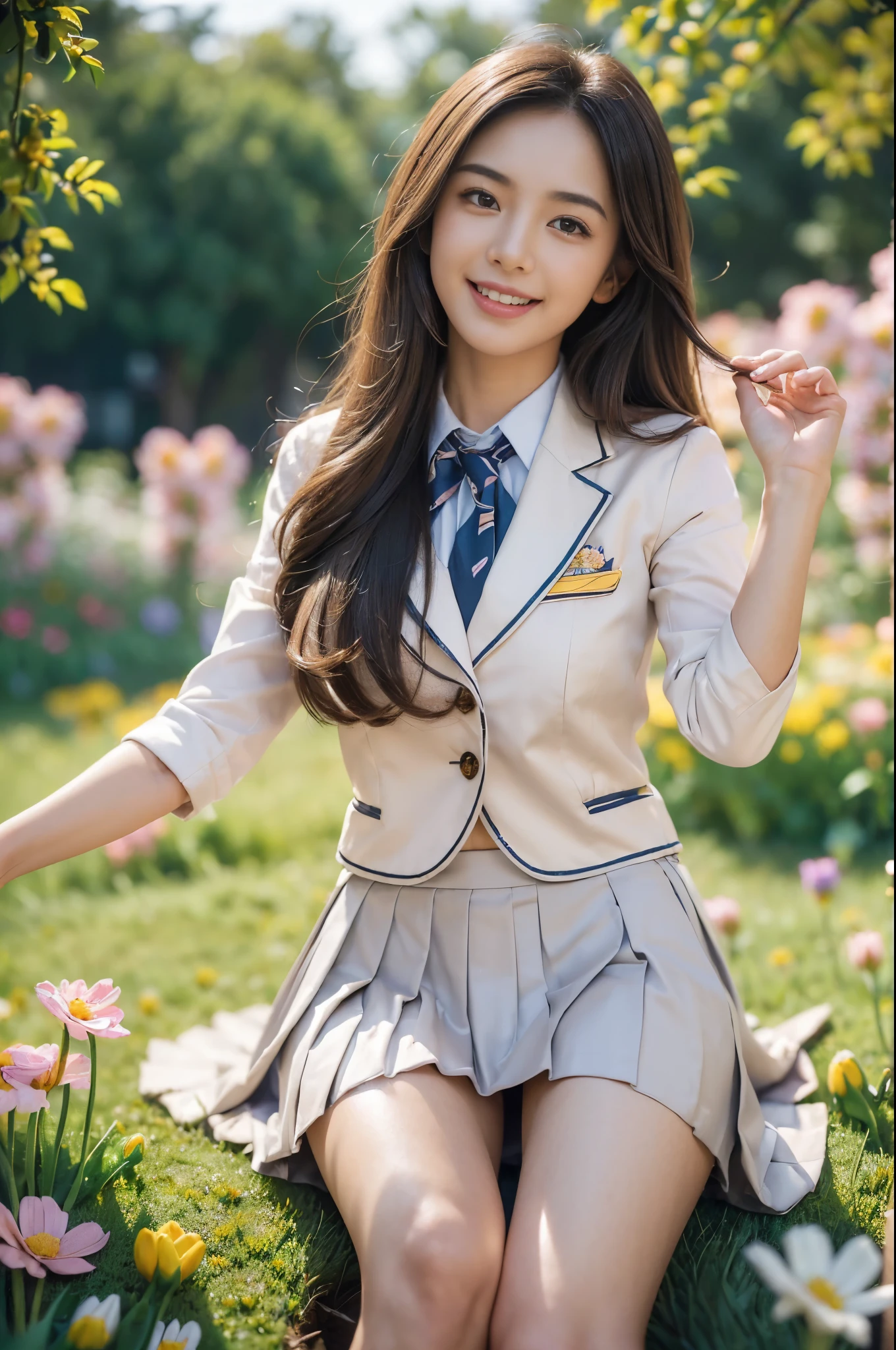 (ung girlrown hair, (extremely detailed beautiful face), Amazing face and eyeest Quality:1.4), (Ultra-detailed), (extremely detailed CG unified 8k wallpaper), Highly detailed, High-definition raw color photos, Professional Photography, Realistic portrait, Amazing face and eyes, Pink eyes, (High School Uniform, Pleated mini-skirt:1.3), ((High school uniform with open chest)), Model, shyly smile, Sitting, (Open your legokeh))), depth of fields, depth of fields, ((grass field, Flower Garden)), (Surrounded by many flowers, Flowers:1.5), Twilight, Sunset, (View from below:1.3),Smile full of happinespression in a state of excitement、yawning being、panting、Looks happy
