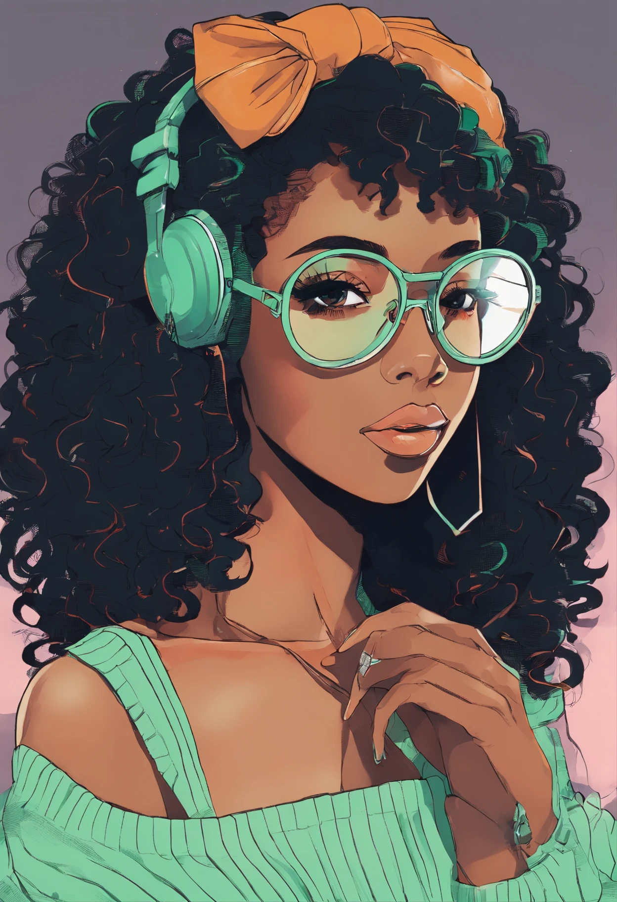 African girl, black hair, long, mint-green, off the shoulder sweater, aviator glasses, insanely detailed, 8k, high definition