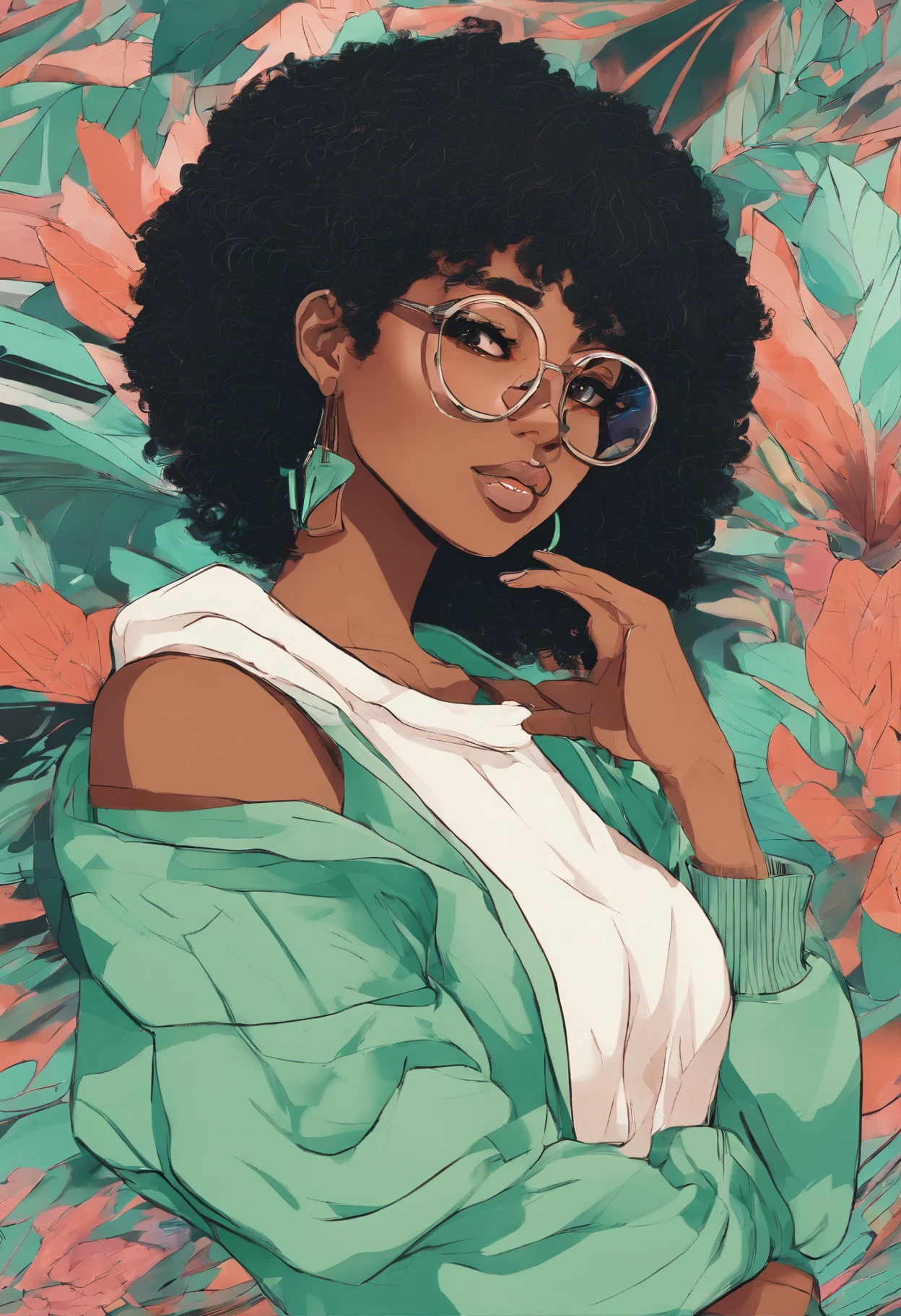 African girl, black hair, long, mint-green, off the shoulder sweater, aviator glasses, insanely detailed, 8k, high definition