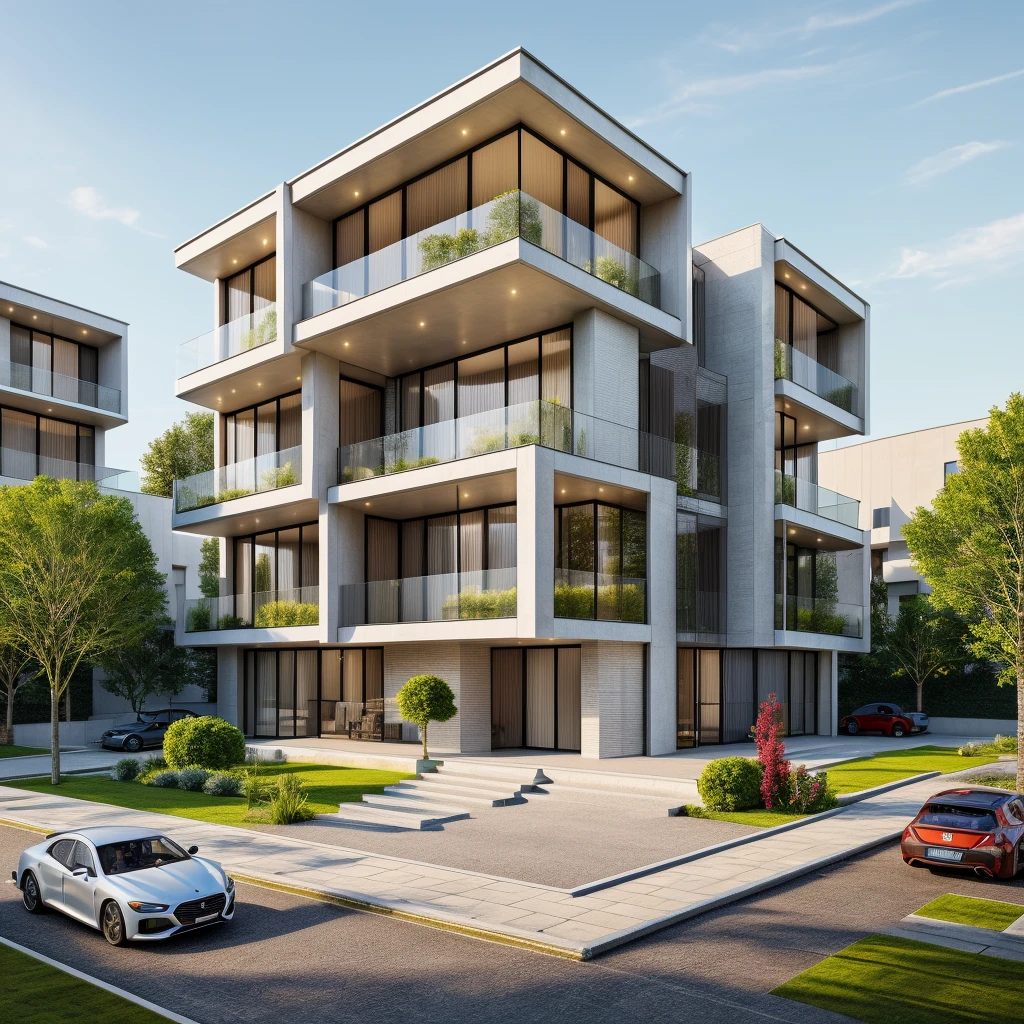 RAW photo,Masterpiece, high quality, best quality, authentic, super detail,
exterior, house style modern, modernism, Realistic reflexes, realistic light, beautiful summer sky, trees, grass
(day:1.1), vivid colour, vray