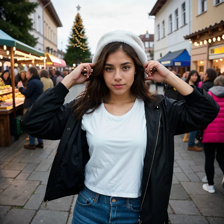 23 year old hyperrealistic latin girl with freckles, Mood selfie for Instagram, Ultra-Definition, (fotoreallistisch: 1.4), 8K, first-class quality, Detailed backgrounds, Zartes Gesicht, Natural makeup, Foto RAW, iphone (iPhone) (iphone (iPhone) (iPhone)), HDR, Flirten mit dem Betrachter, Weihnachtsmarkt, Winter, Hat and jacket, Mit Kleidung