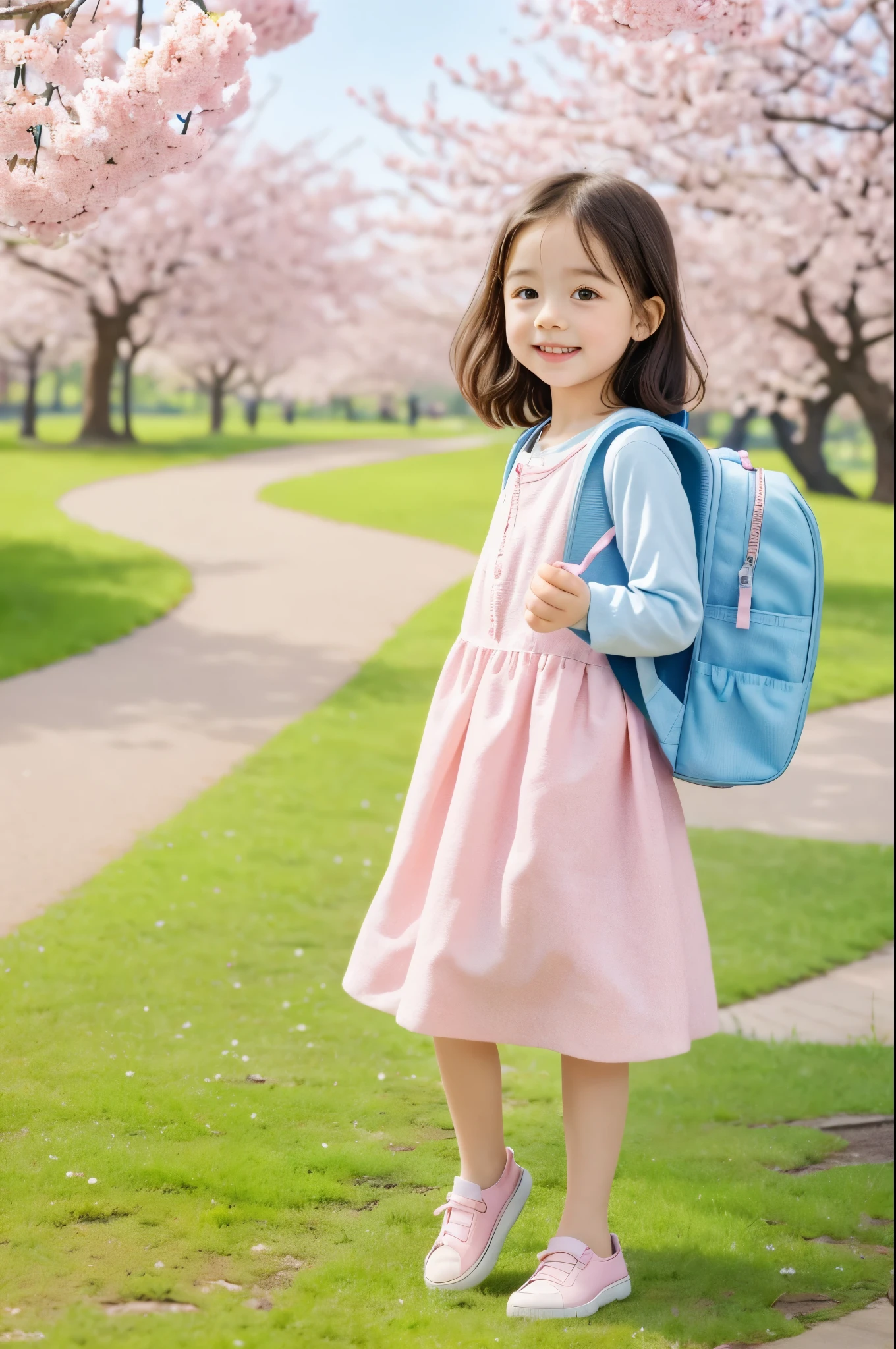 Tip: A very charming  girl with a backpack and her cute puppy enjoying a lovely spring outing surrounded by beautiful yellow flowers and nature. The illustration is a high-definition illustration in 4k resolution, featuring highly detailed facial features and cartoon-style visuals.